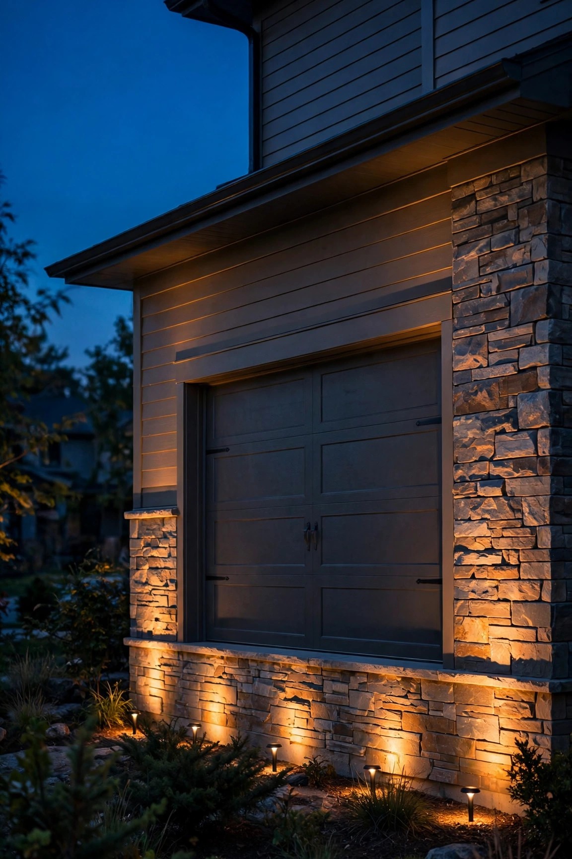 Low-voltage ground uplights grazing warm light up a stone and siding garage facade at night