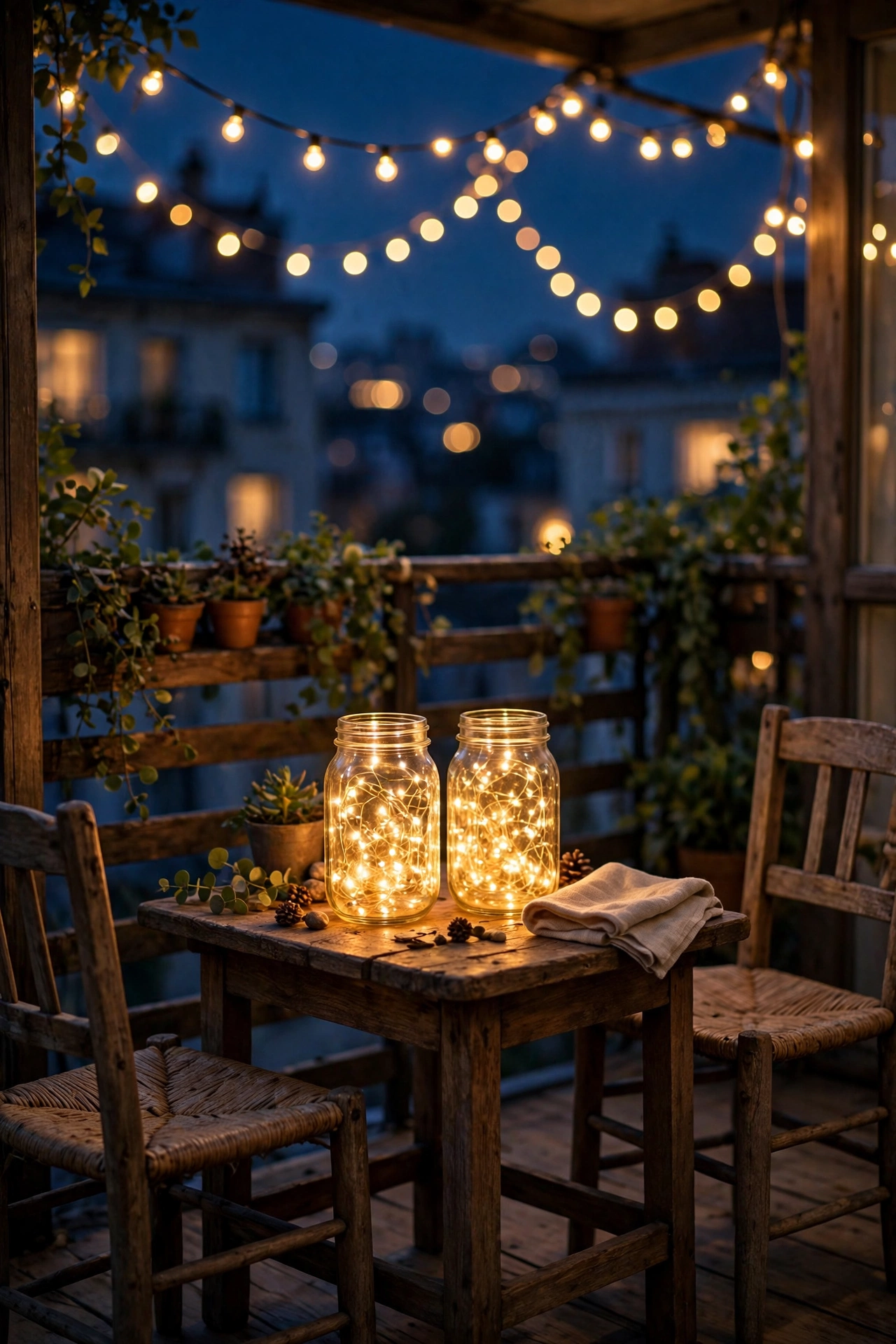 Glass jars filled with warm fairy lights clustered on a balcony table at night