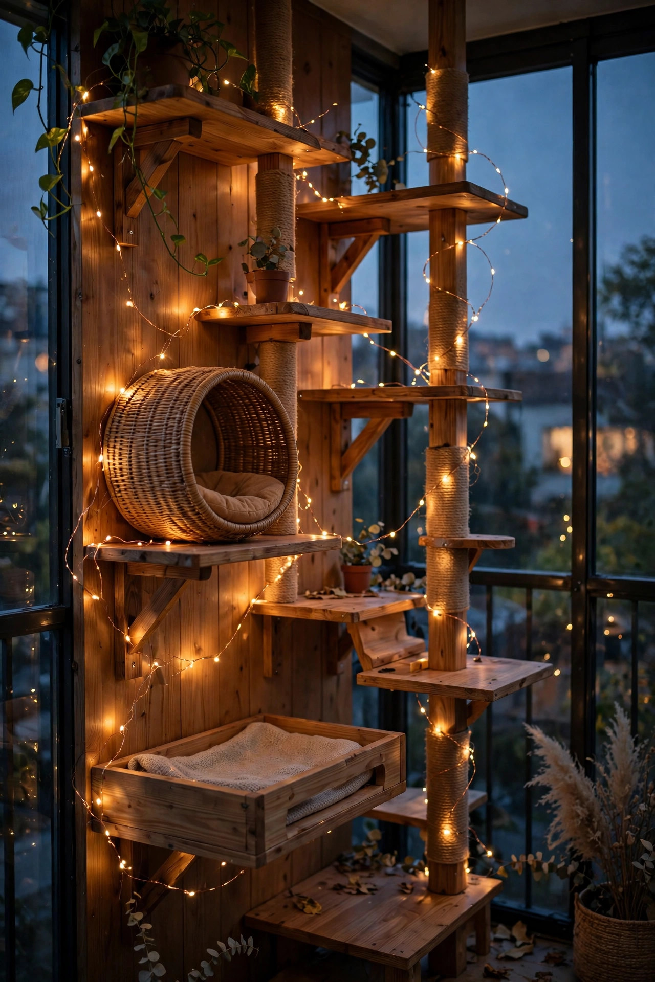 Copper-wire fairy lights woven along wooden cat climbing shelves inside a dusk-lit balcony enclosure