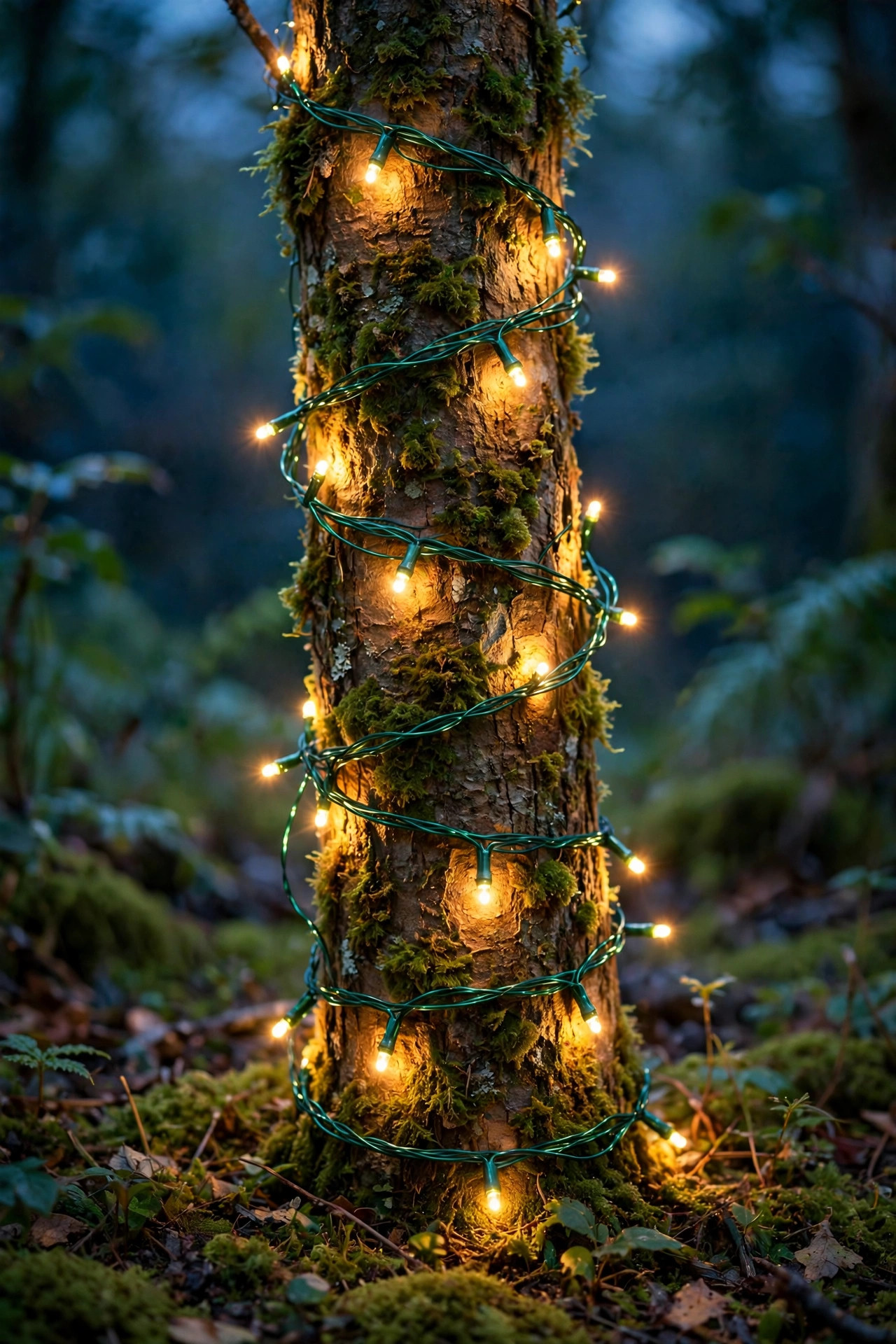 Tree trunk wrapped in emerald green copper wire fairy lights glowing at dusk