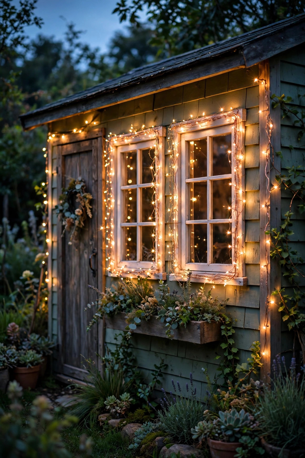 Copper-wire fairy lights framing the windows of a she shed with a soft warm sparkle at dusk