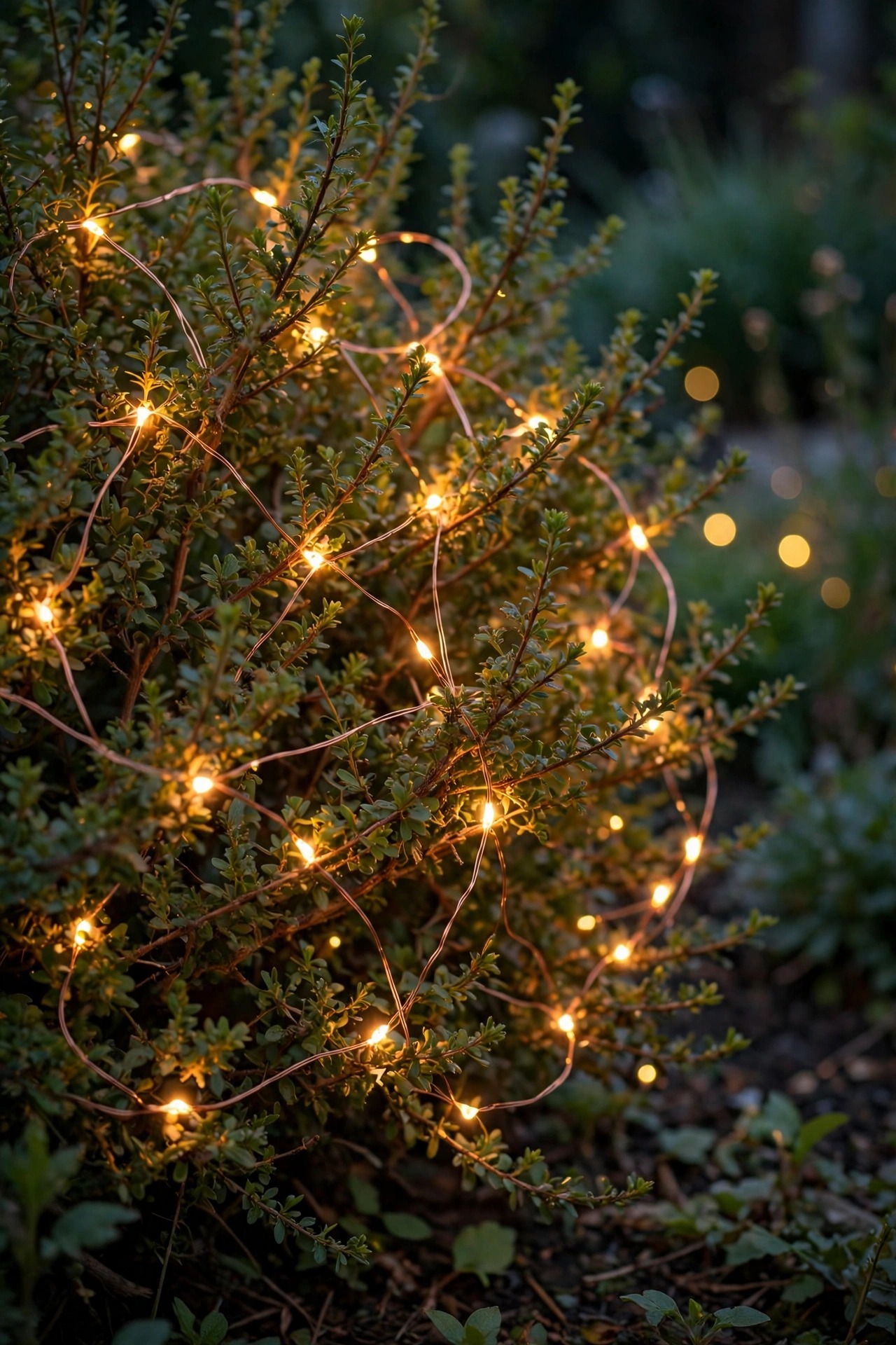 Copper-wire fairy lights woven through a garden shrub glowing like fireflies at dusk