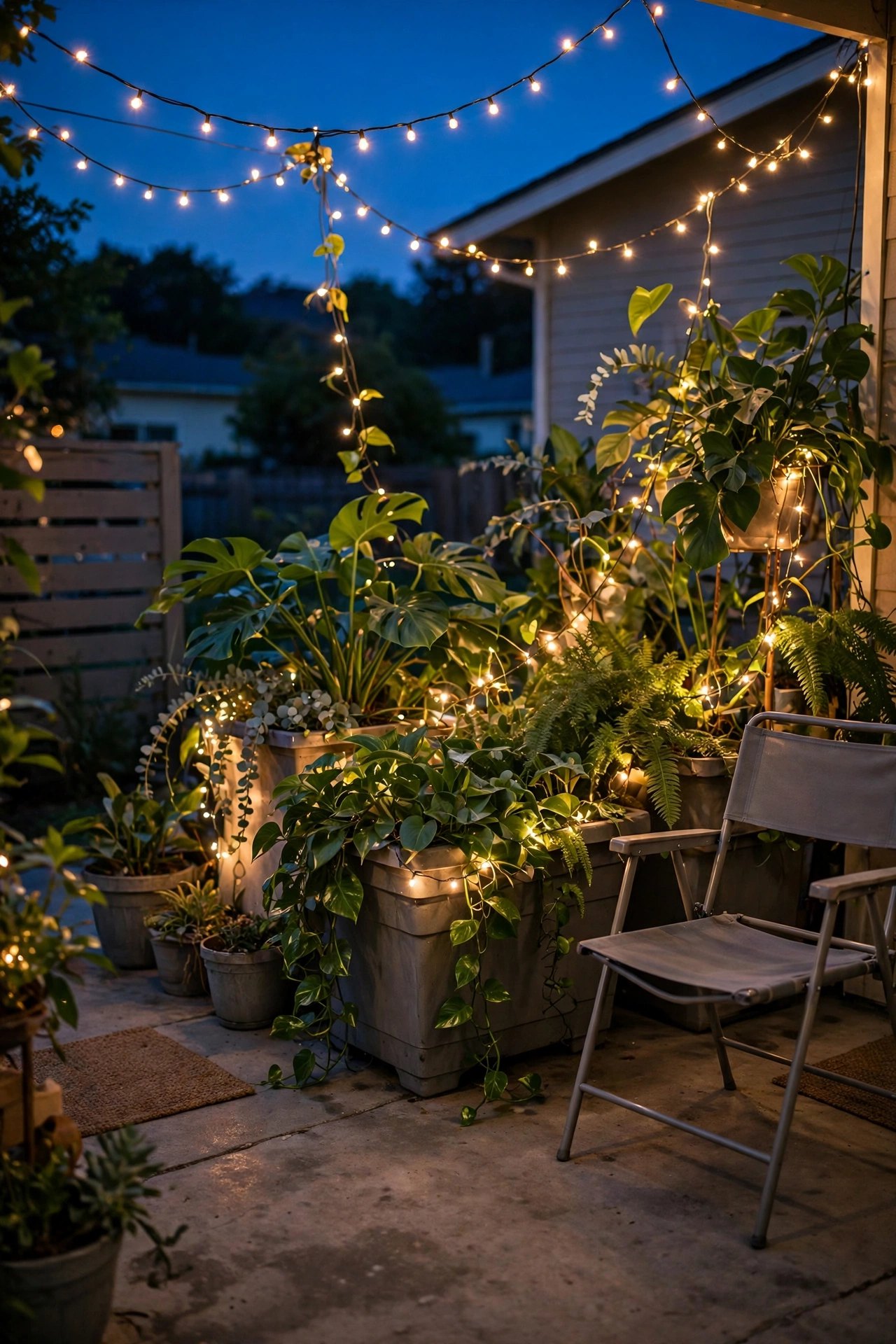 Warm fairy lights woven through leafy planters glowing on a patio at dusk