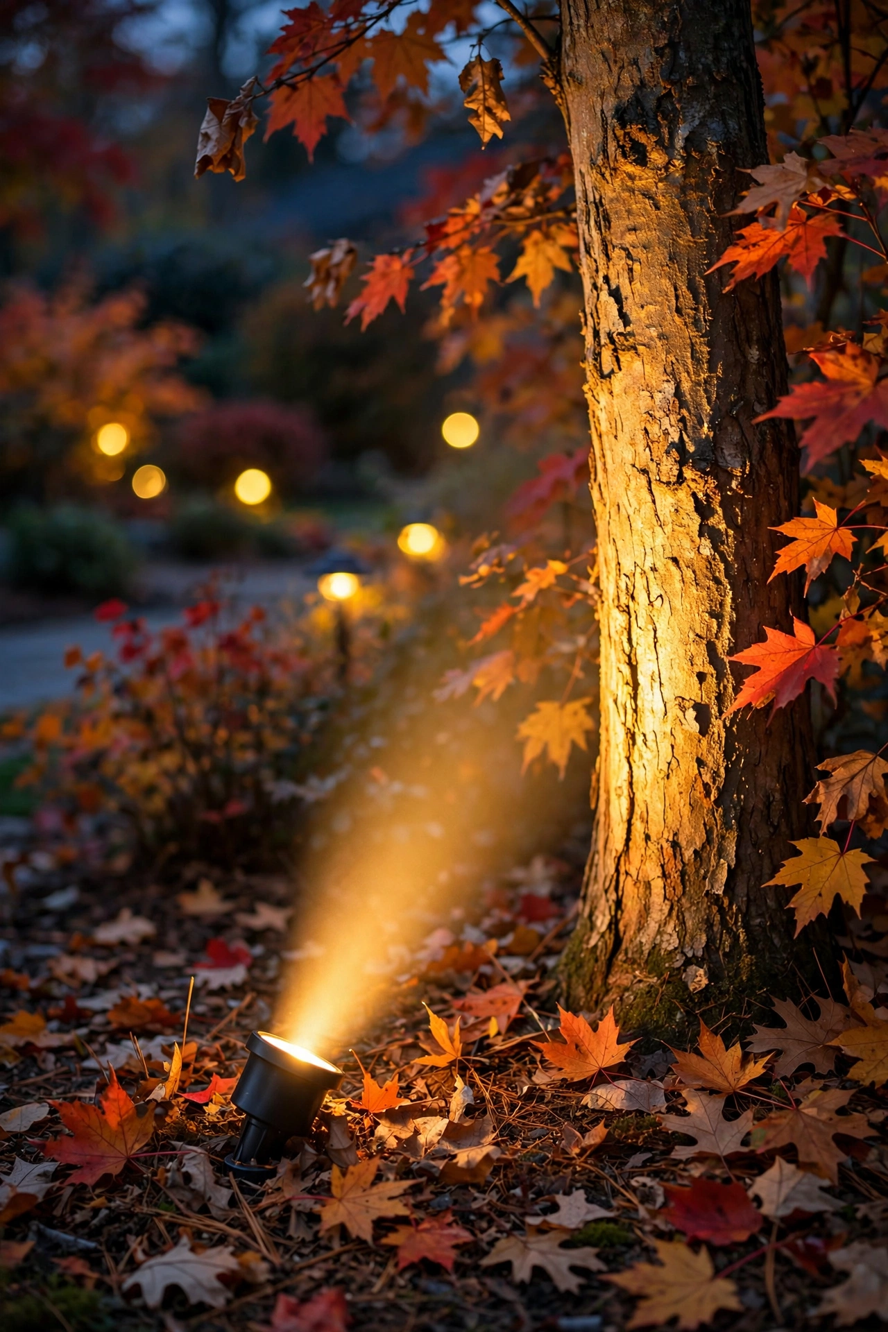 Person re-aiming a landscape spotlight among autumn foliage with glowing fall yard lighting at dusk