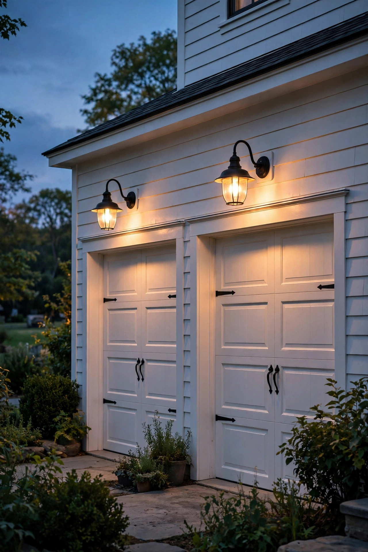 Black gooseneck outdoor wall lanterns over white farmhouse garage doors glowing warmly at dusk