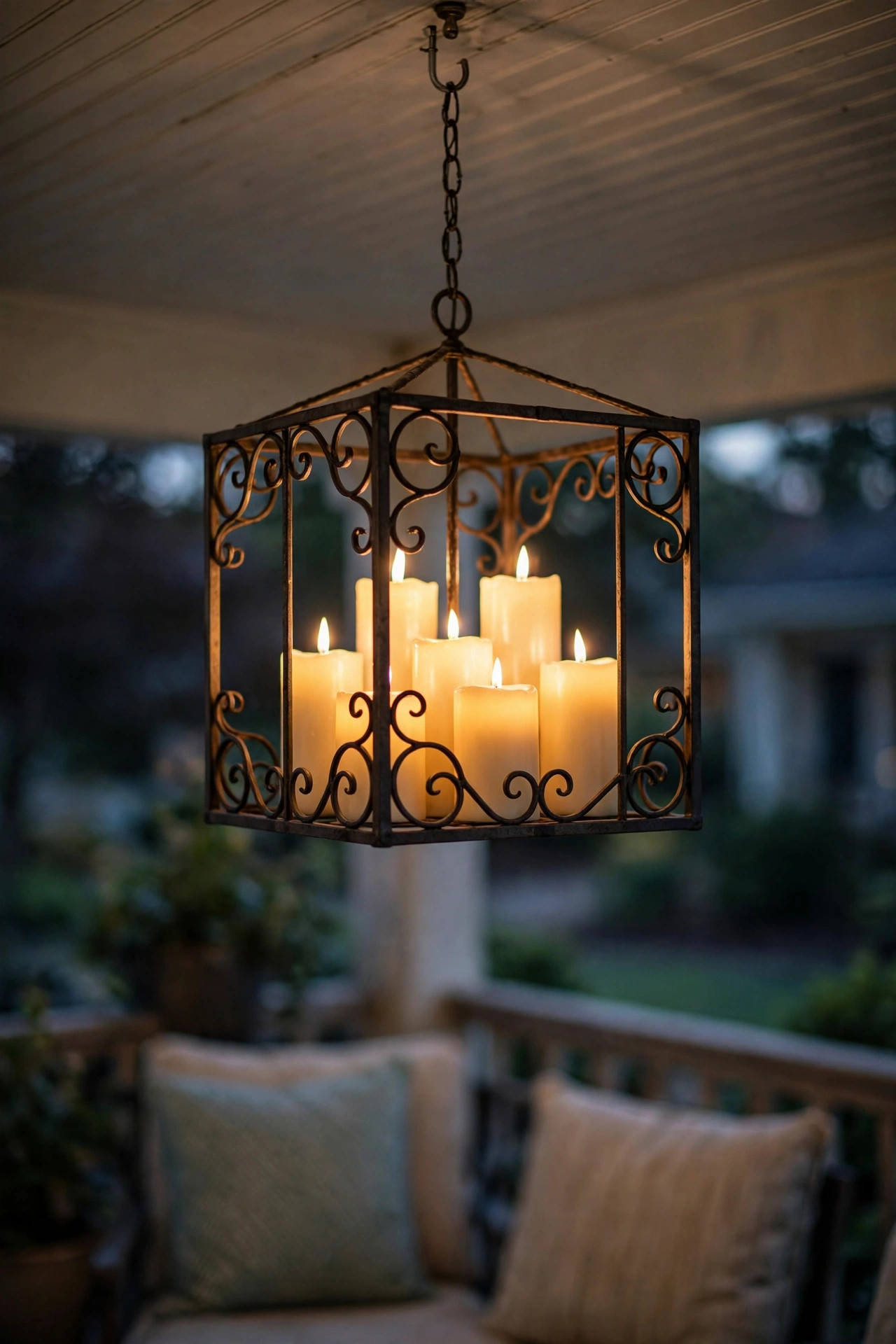 Wiring-free outdoor chandelier with glowing flameless timer candles on a covered porch
