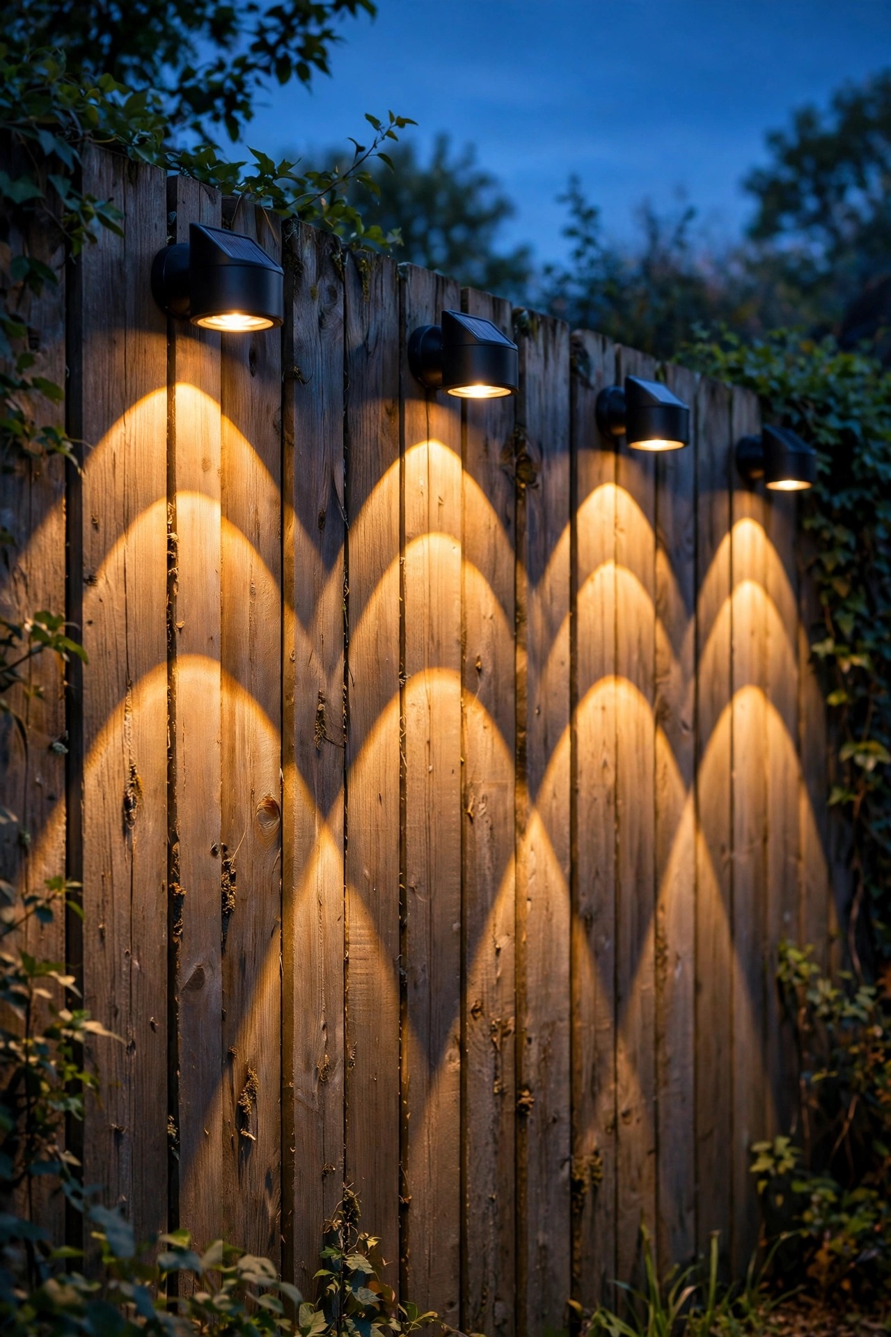 Solar downlight washers grazing warm light down wooden fence boards at dusk in overlapping scalloped pools