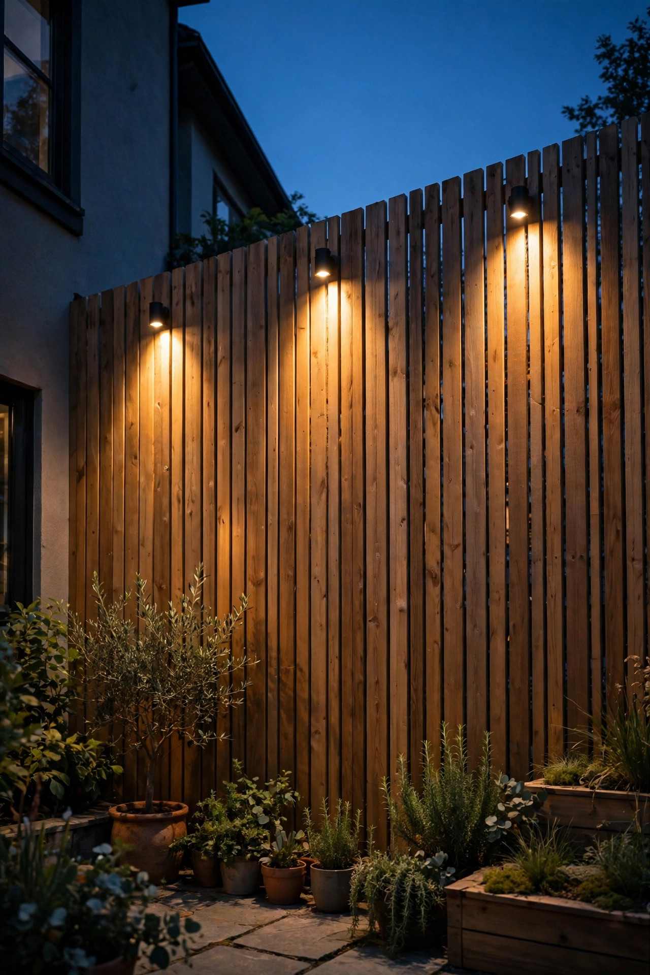 Soft downlights washing a tall wooden privacy fence with warm light in a small townhome backyard