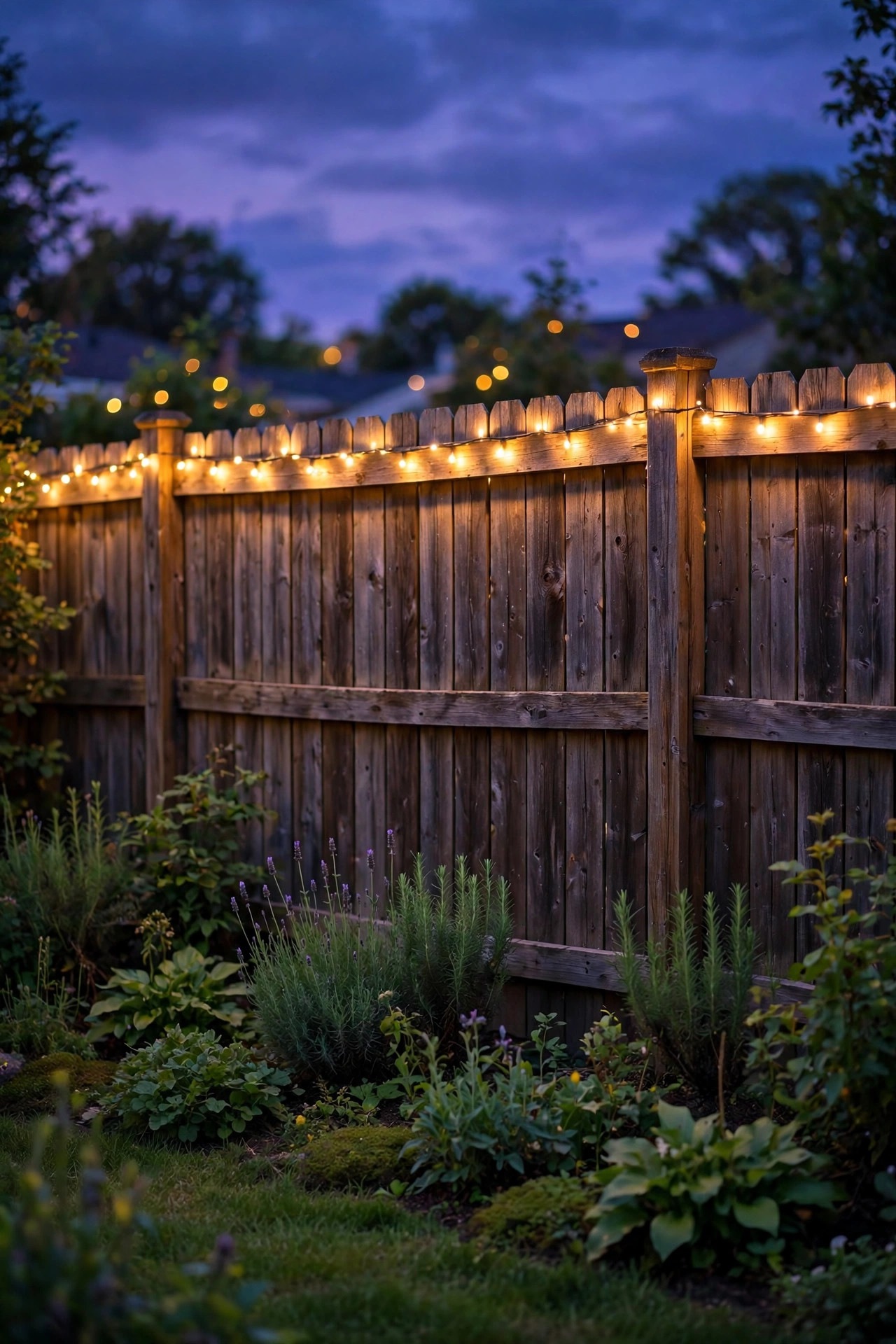 Wooden fence with warm fairy lights strung along the top rail at twilight