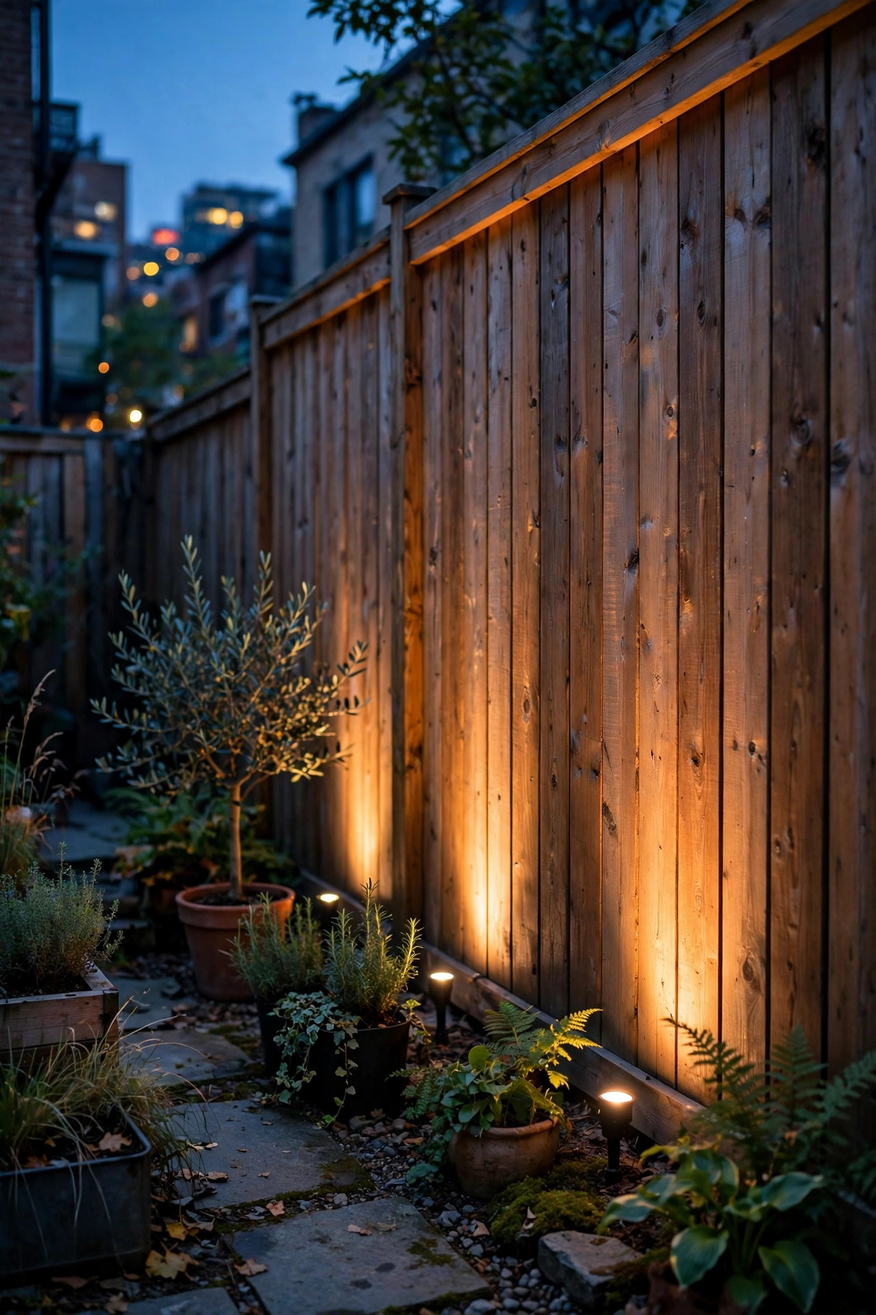 Low spotlights washing warm light up a wooden privacy fence in a small urban backyard at dusk