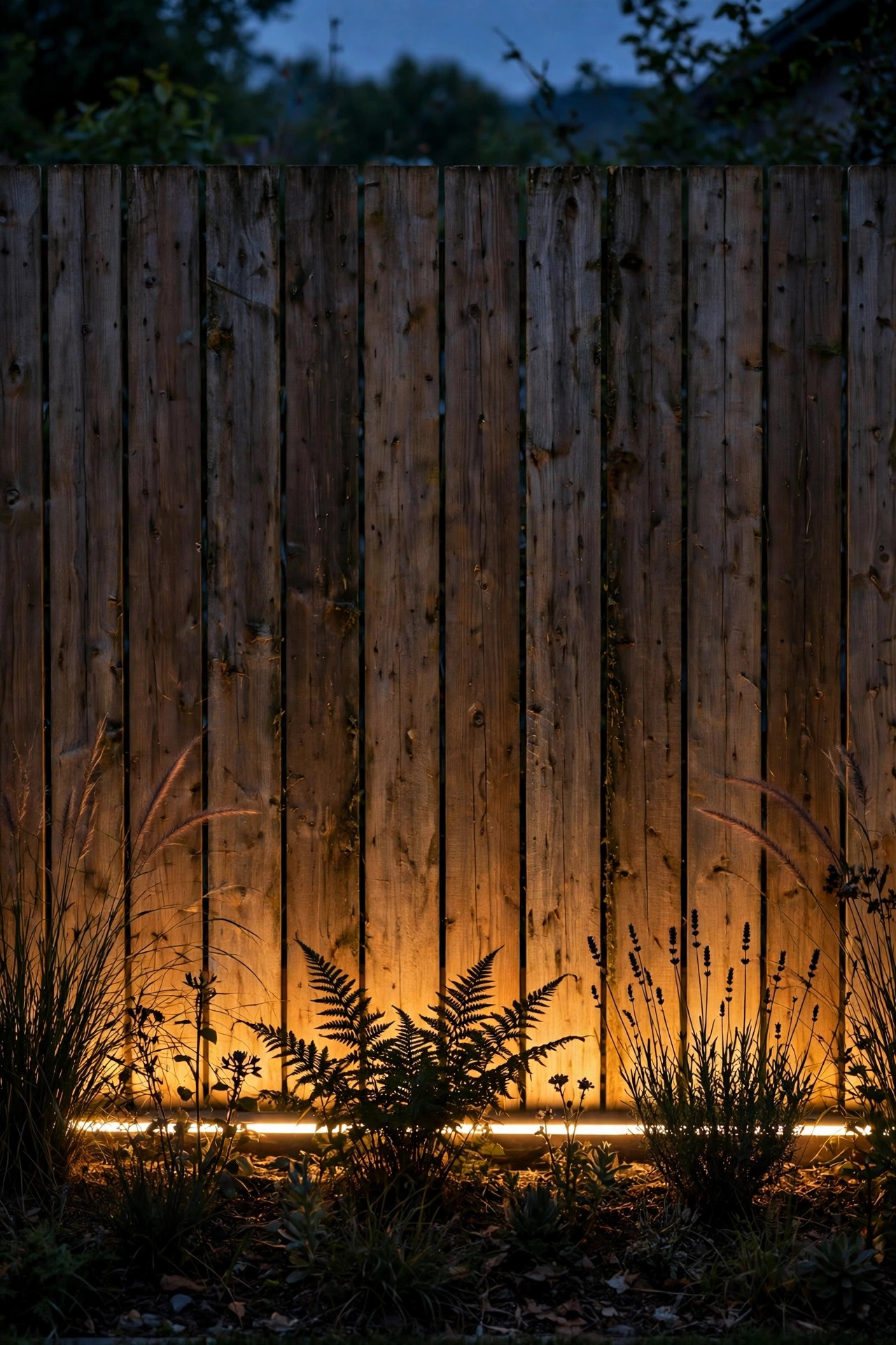 Wooden privacy fence at dusk glowing warm from linear wash bars along the flower bed at its base, plants silhouetted against the boards