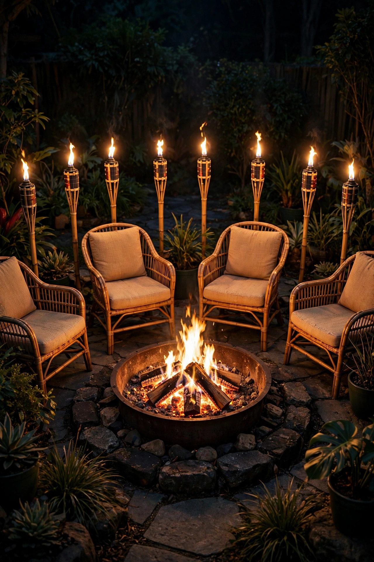 Ring of solar tiki torches flickering behind chairs around a glowing fire pit at night