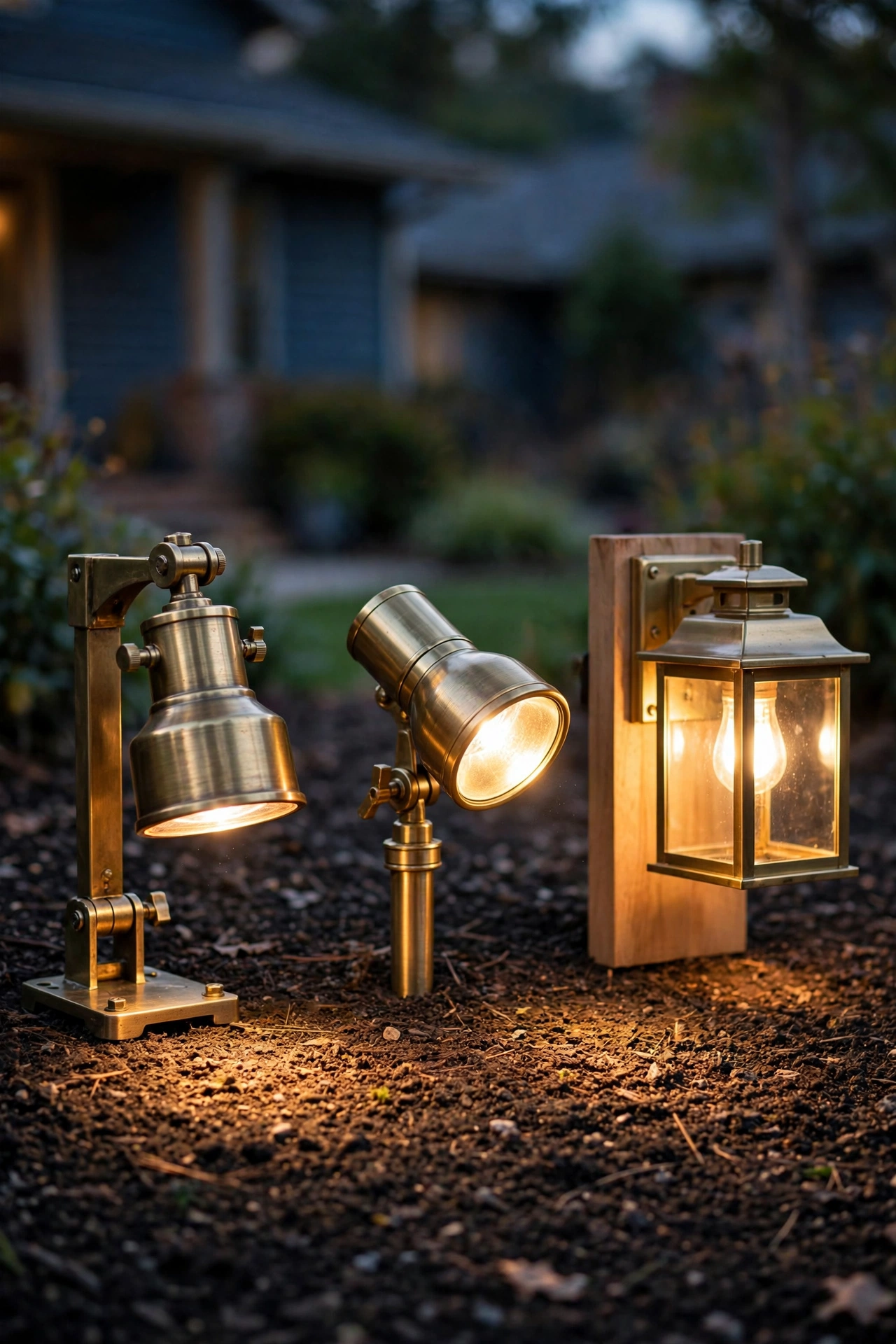 Comparison of moonlighting fixtures including brass tree-mount downlight, aimable bullet light, and eave-mounted fixture