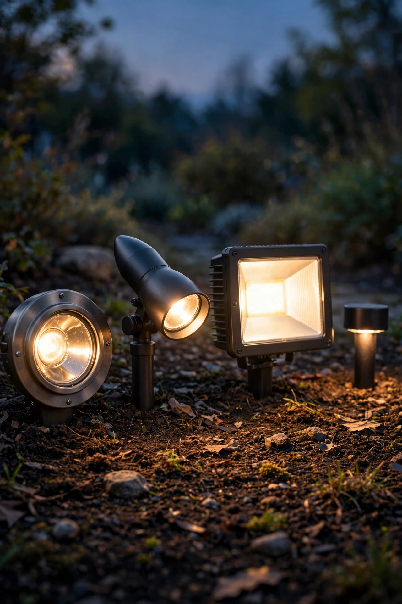 Uplighting vs downlighting fixture types — well light, bullet light, flood light, and tree-mounted downlight shown side by side