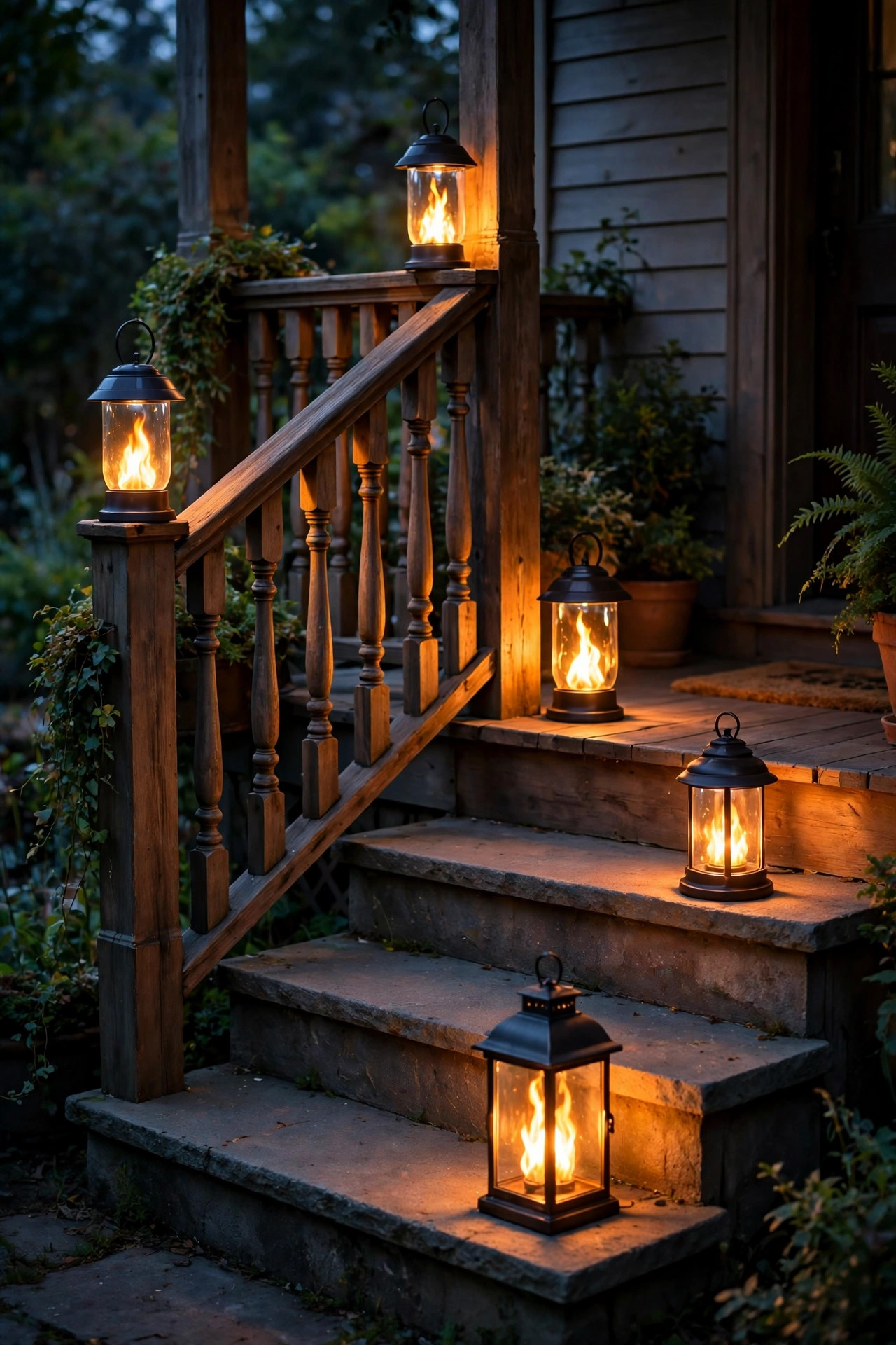 Solar lanterns with realistic flickering flame effect glowing on porch steps and railing