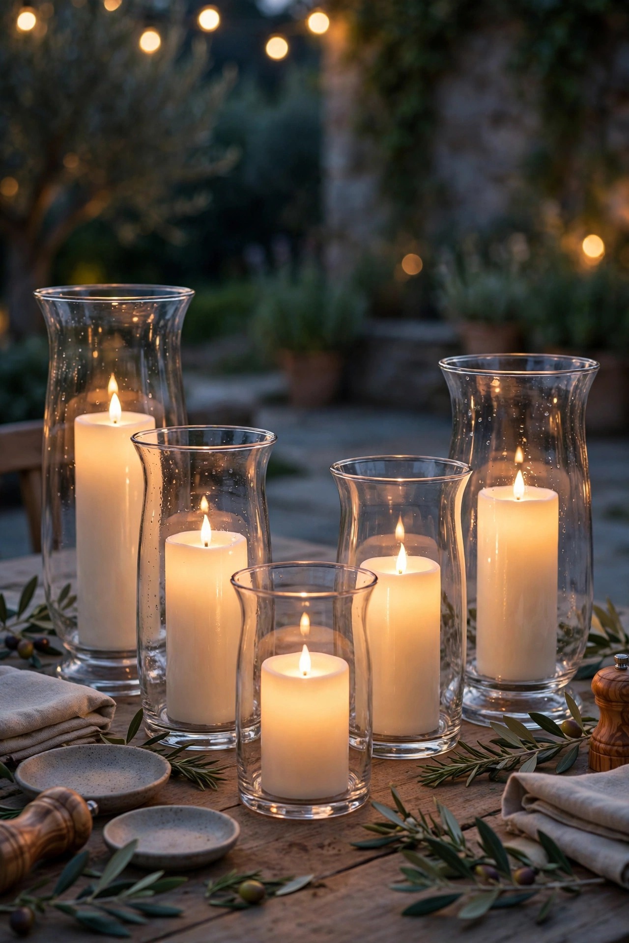 Flameless candles flickering inside glass hurricane holders on an outdoor dining table in the evening