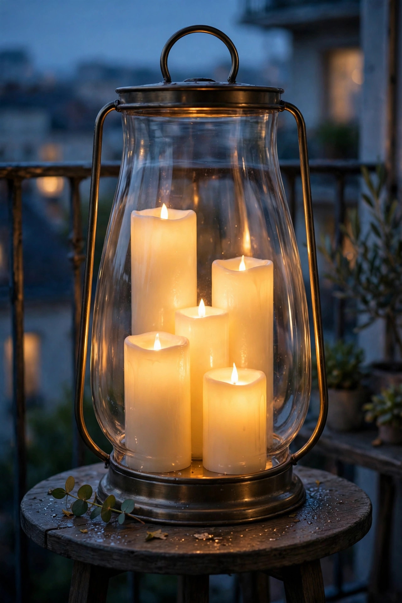 Cluster of flameless LED candles at different heights glowing inside a glass hurricane lantern on a tiny balcony table
