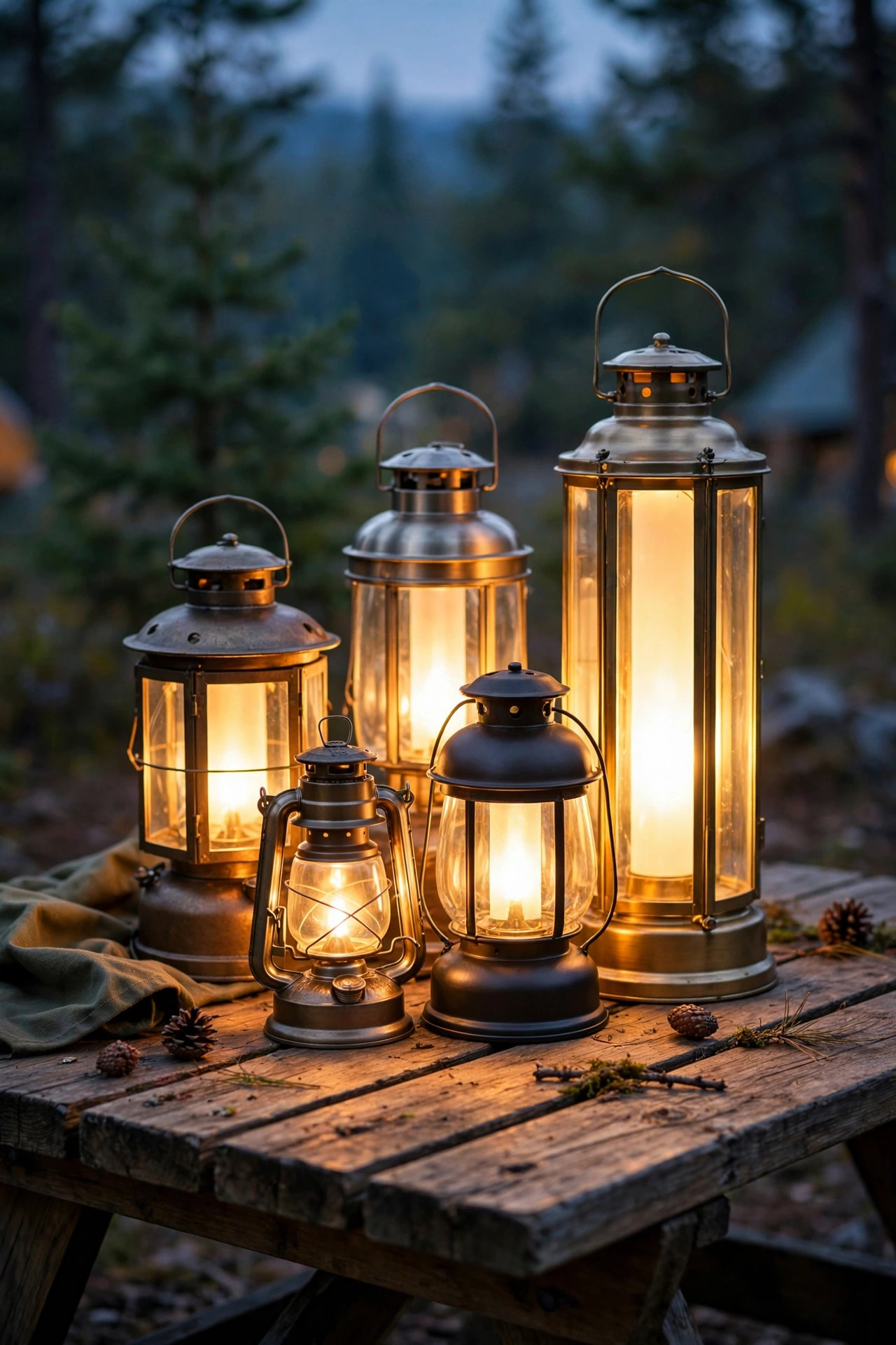 Cluster of flameless LED lanterns in mixed heights glowing on a camp picnic table