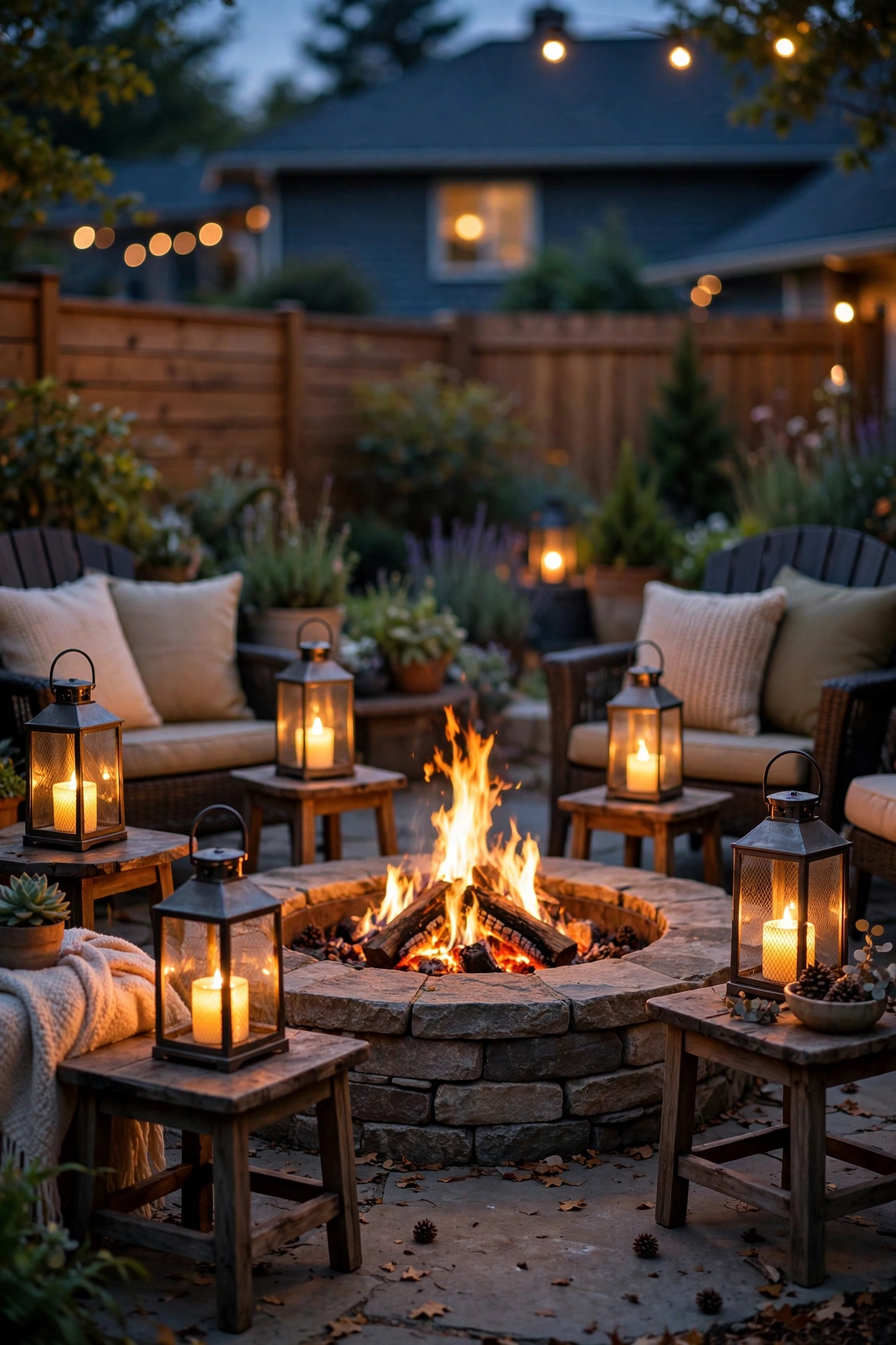 Flameless lanterns with flickering LED candles on side tables around a fire pit