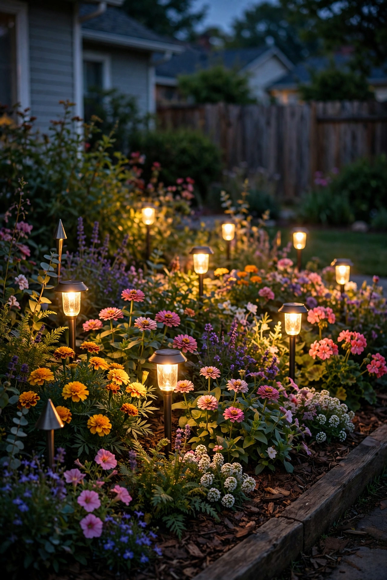 Colorful flower bed glowing with warm stake lights at dusk