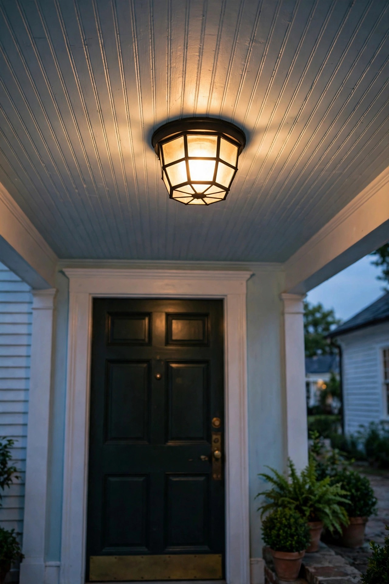 Flush mount lantern style ceiling light glowing on a pale blue colonial porch ceiling above a front door