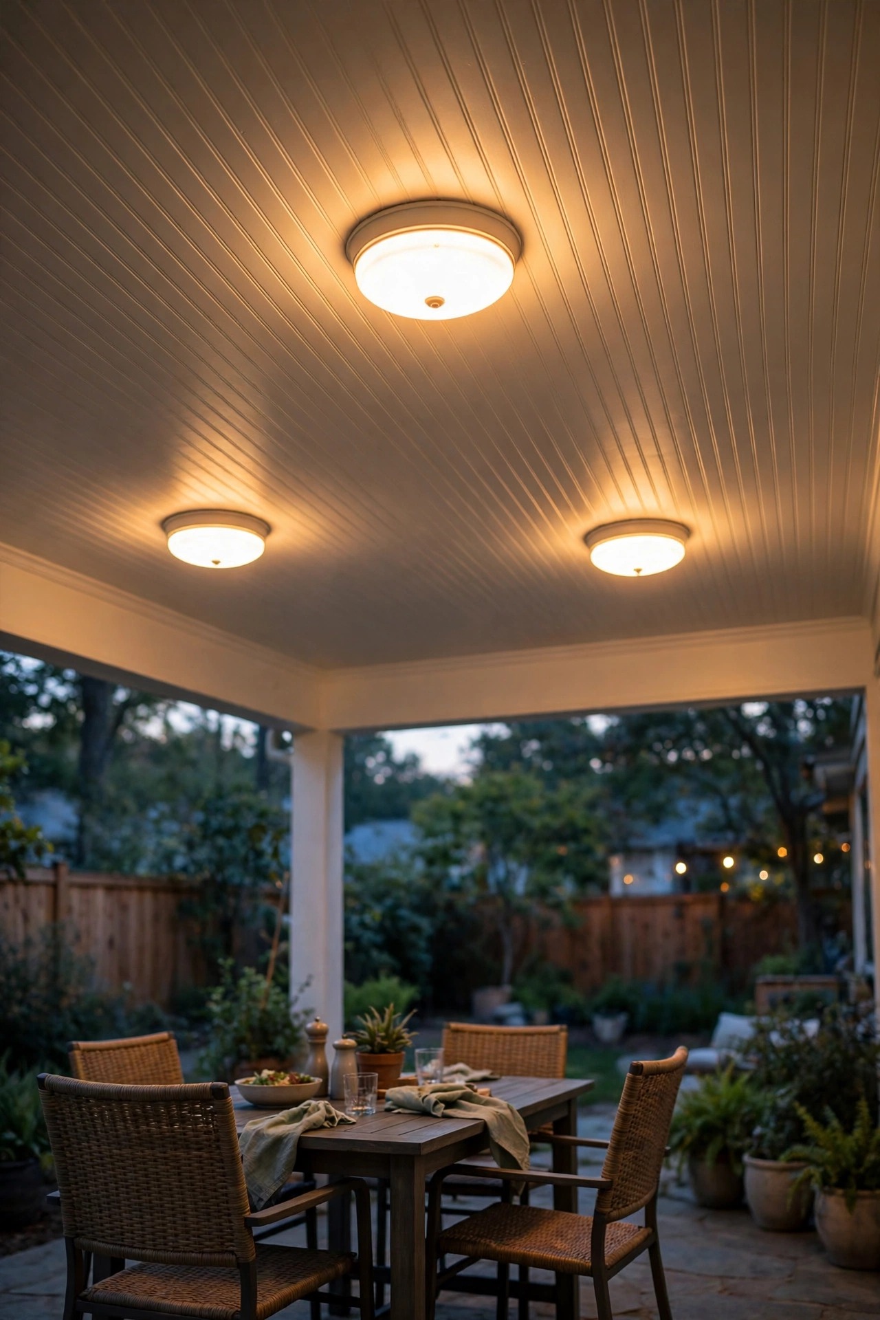 Flush-mount ceiling fixtures glowing on a finished beadboard under-deck ceiling above a patio dining set