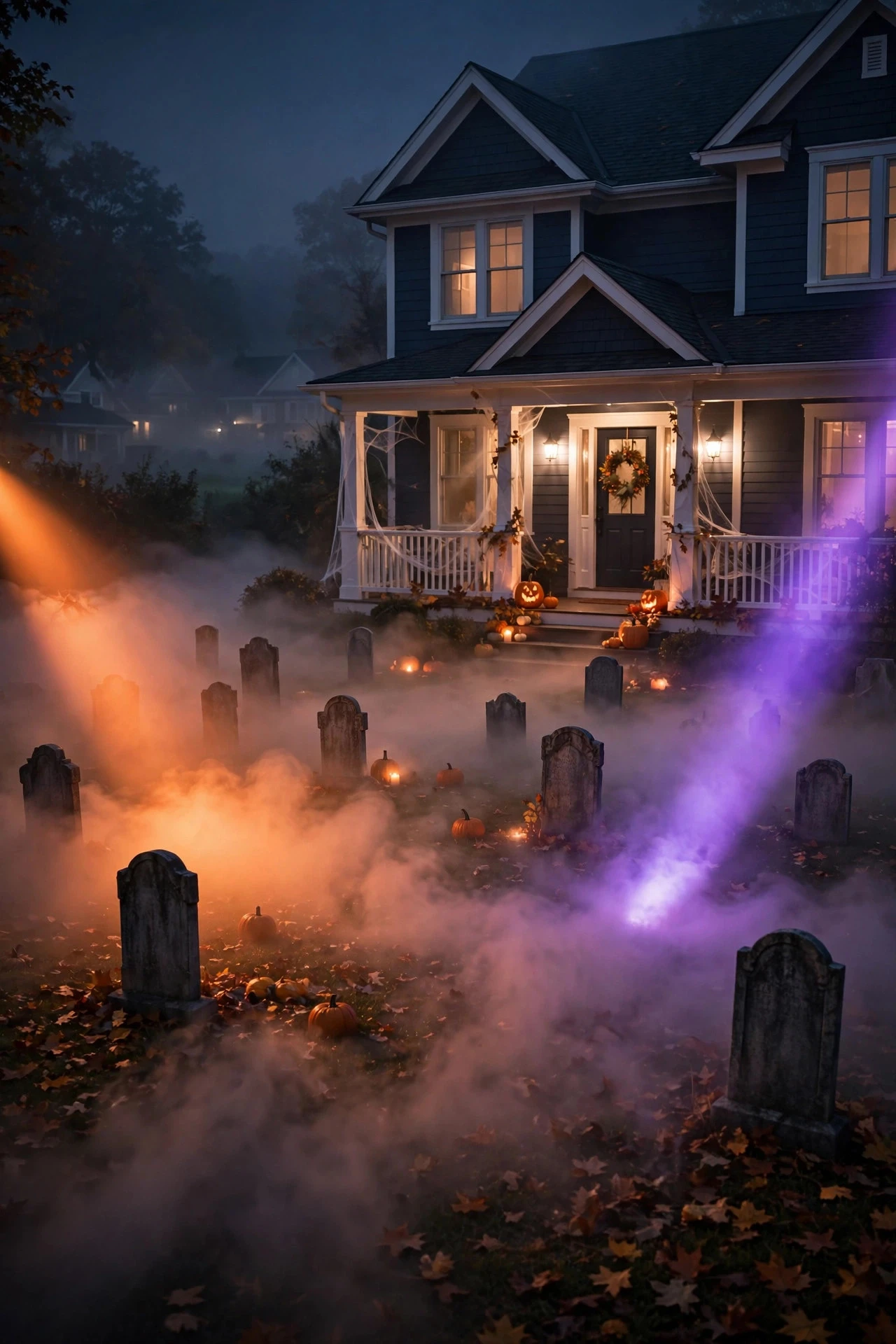 Orange and purple spotlights shining through low fog over a Halloween yard at night
