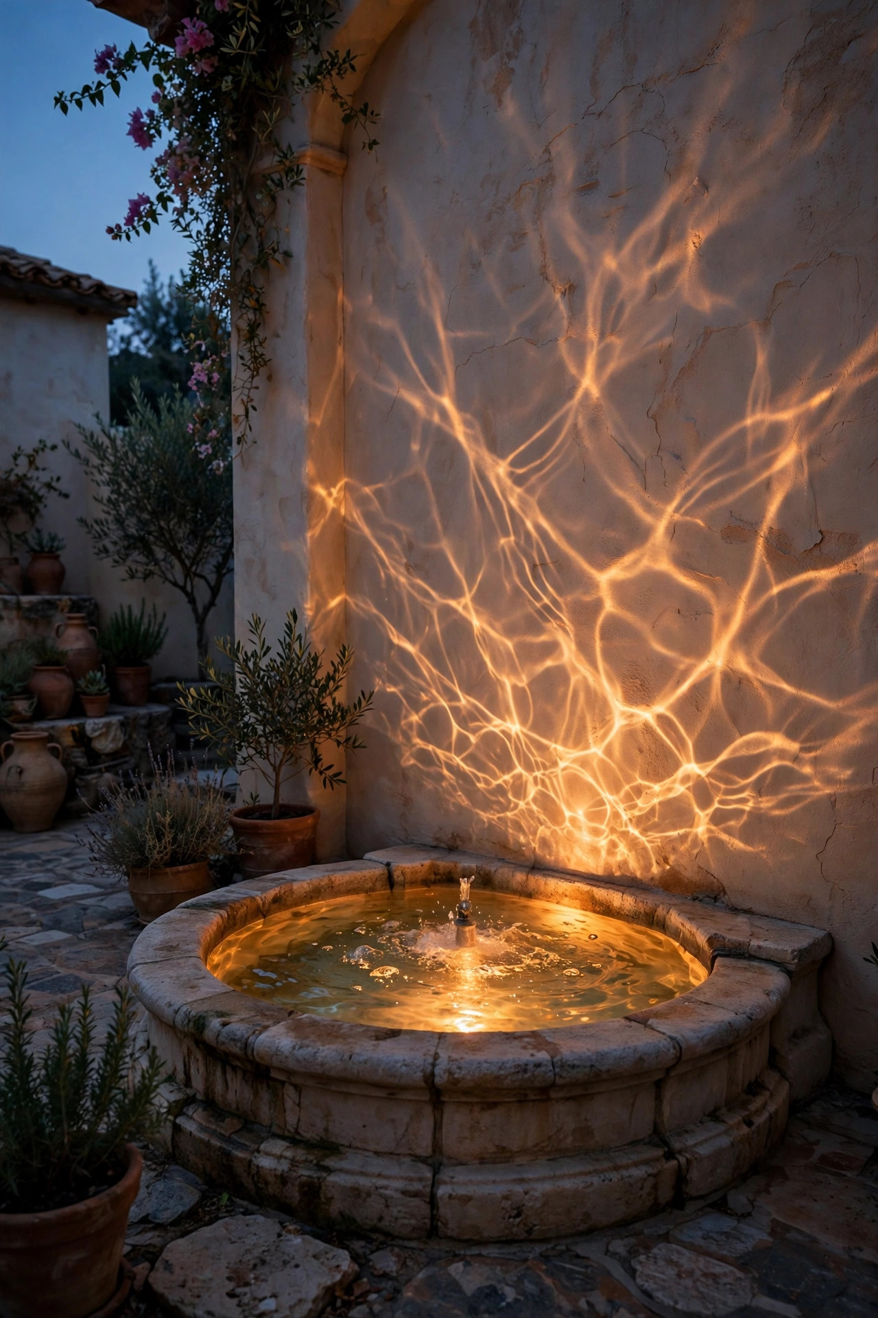 Mediterranean courtyard fountain glowing from a submersible warm light with water patterns dancing on a stucco wall at dusk
