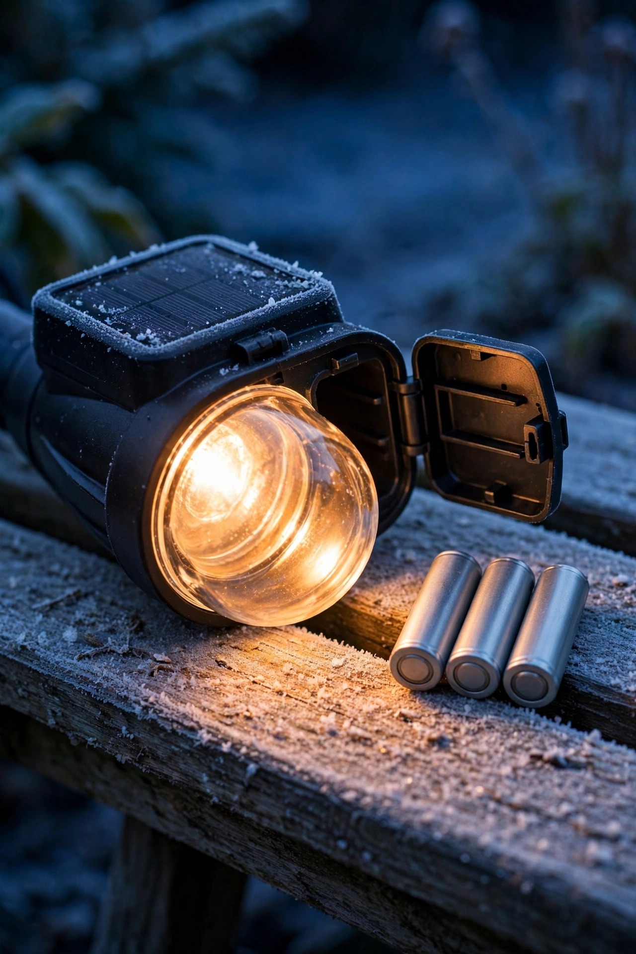 Close-up of a solar garden light with its battery compartment open beside fresh rechargeable cells on a frosty garden bench