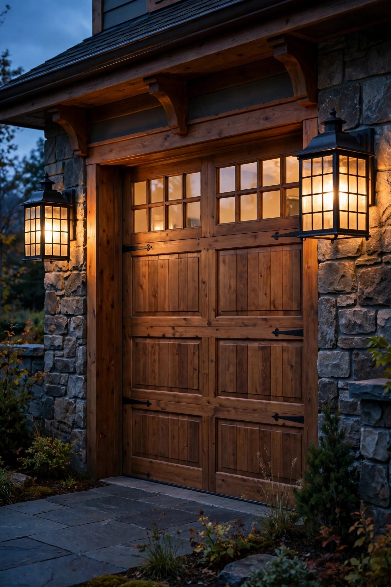 Carriage-style lanterns with grid glass flanking a wooden craftsman garage door, glowing warmly at dusk