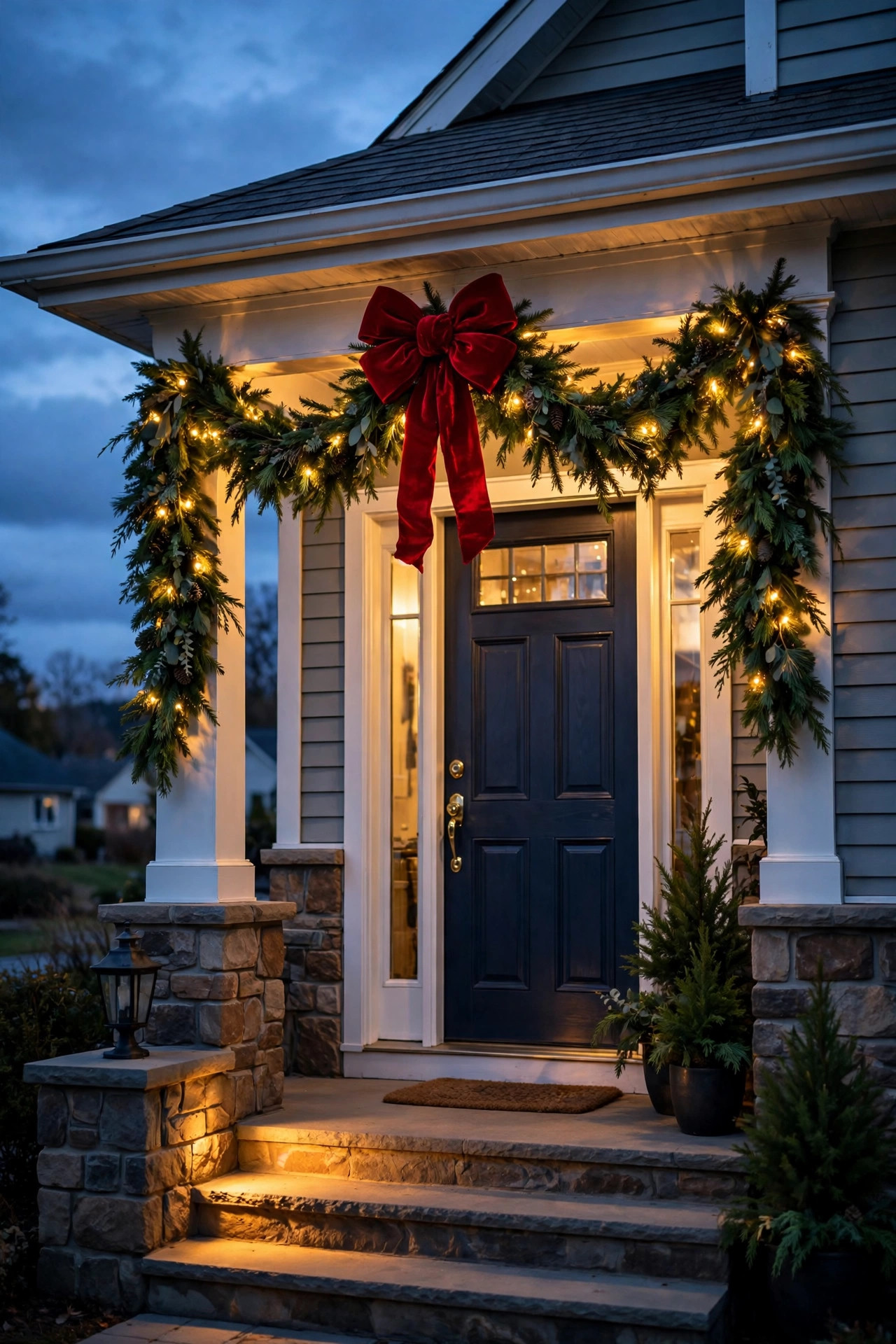 Pre-lit garland swagged over a front doorway with warm lights and a ribbon bow at dusk