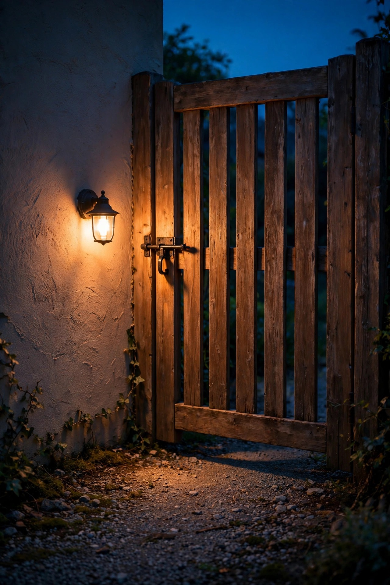 Small warm wall light glowing beside the latch of a wooden side gate at dusk, light spilling softly over the handle and gravel below