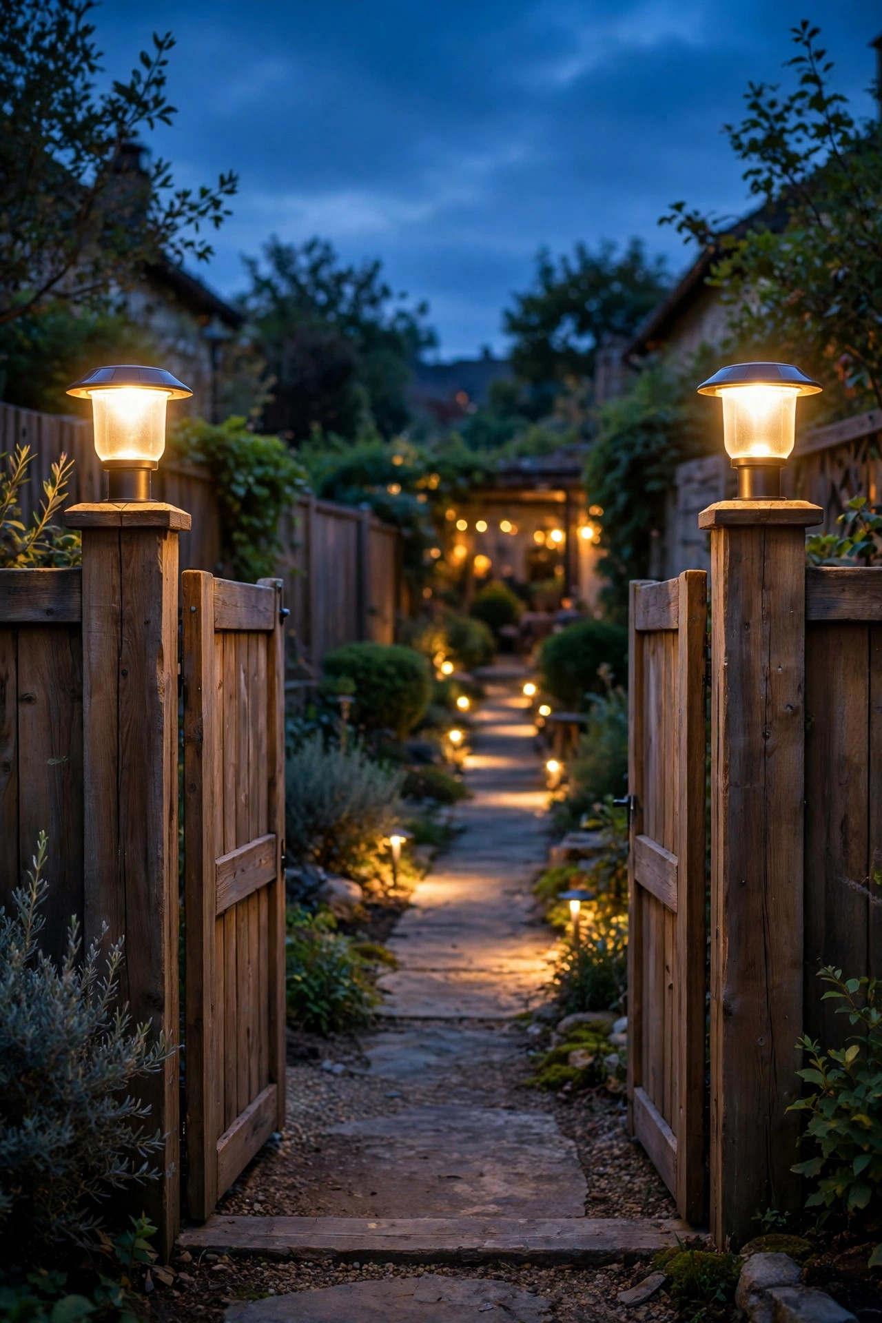 Solar post cap lights glowing on wooden courtyard gate posts at dusk with a lit walkway beyond