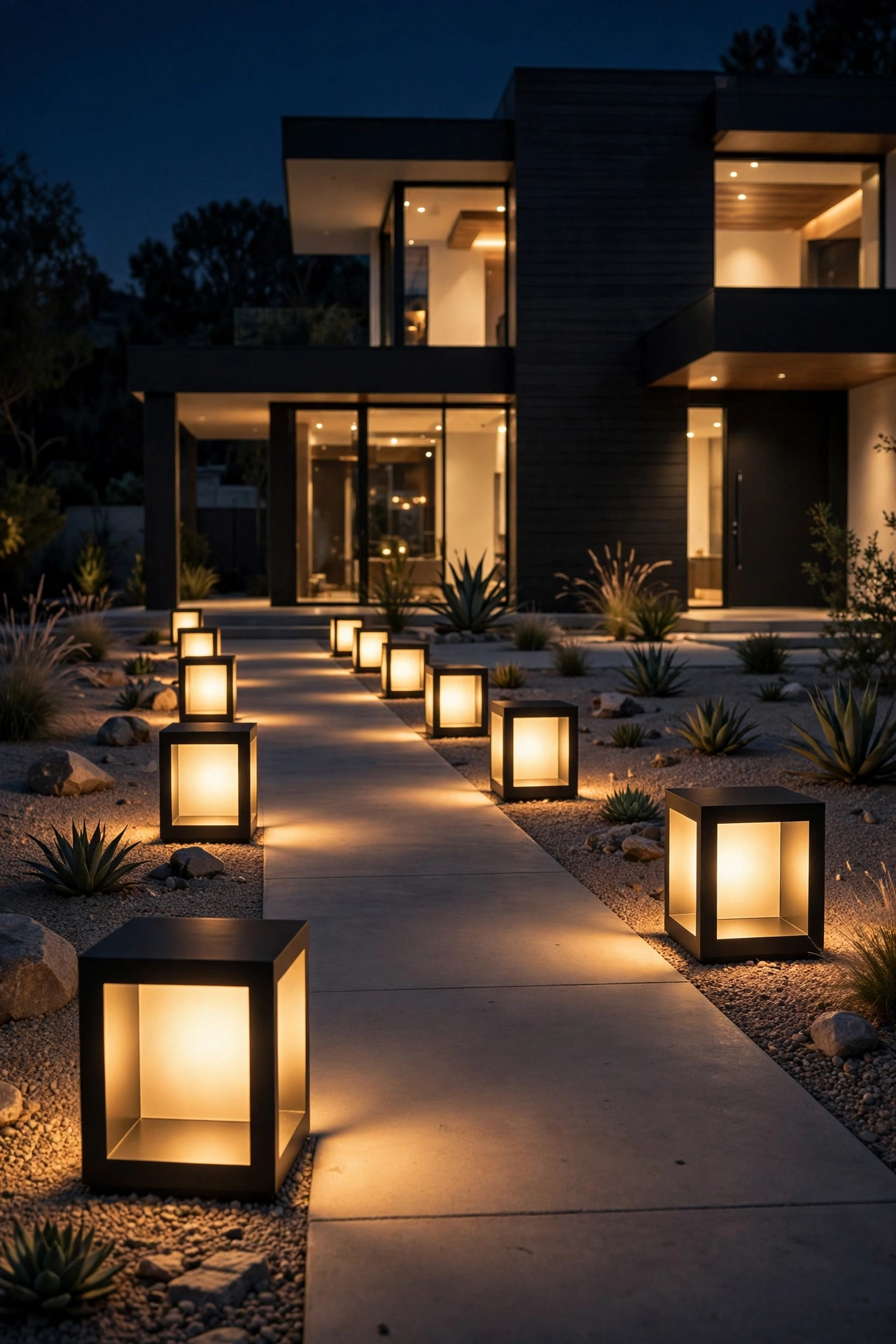 Geometric square bollard lights lining a modern walkway at dusk