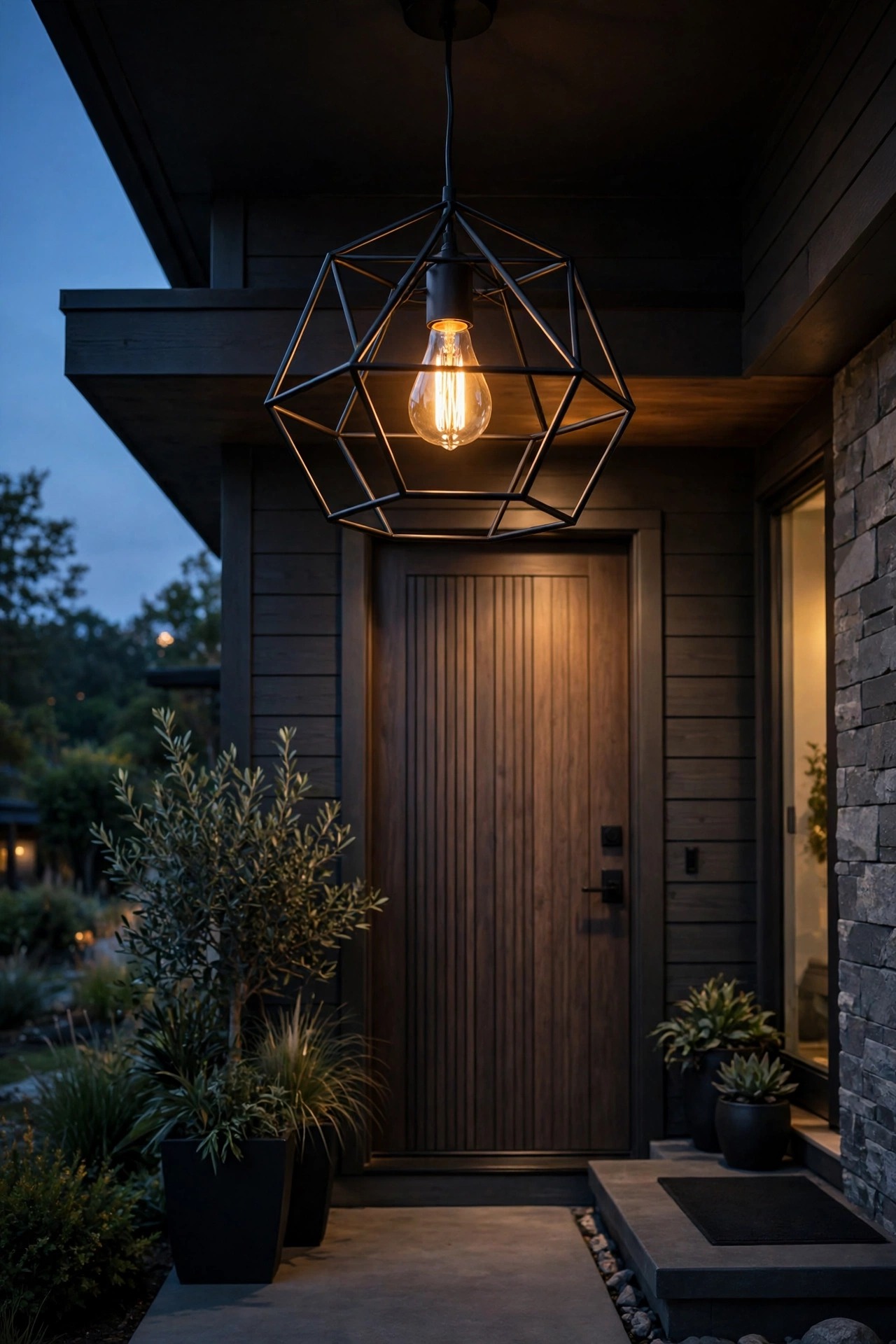 Matte black geometric open-frame pendant light with a warm filament bulb hanging over a modern front porch entry at dusk