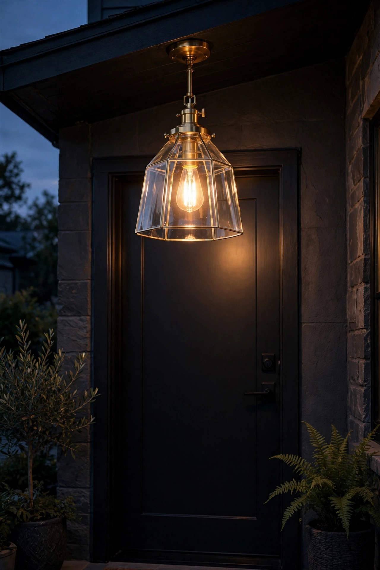 Clear glass pendant light with brass fittings hanging over a black front door entry, filament bulb glowing at dusk