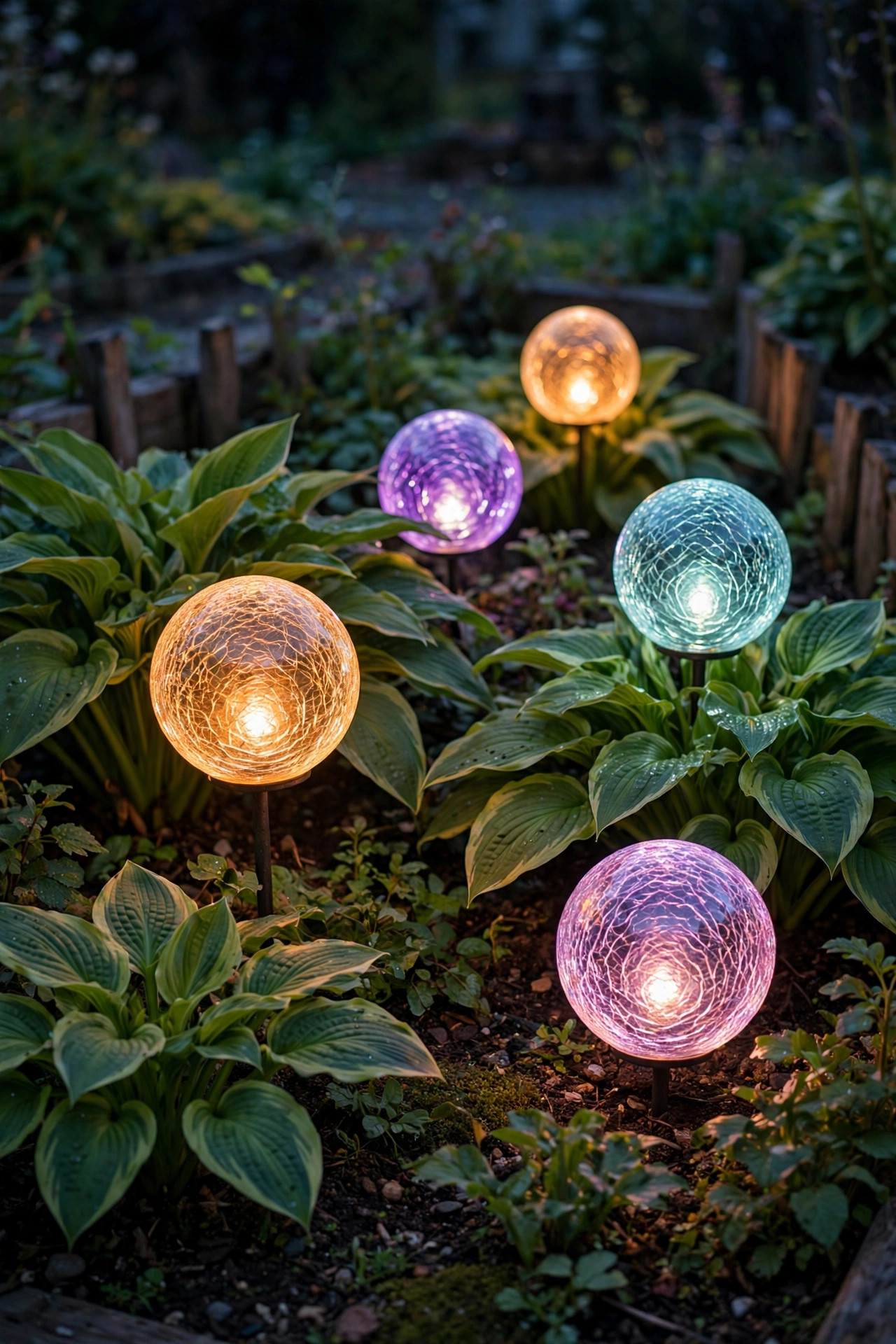 Crackle glass color changing solar globes glowing among hostas in a flower bed at night