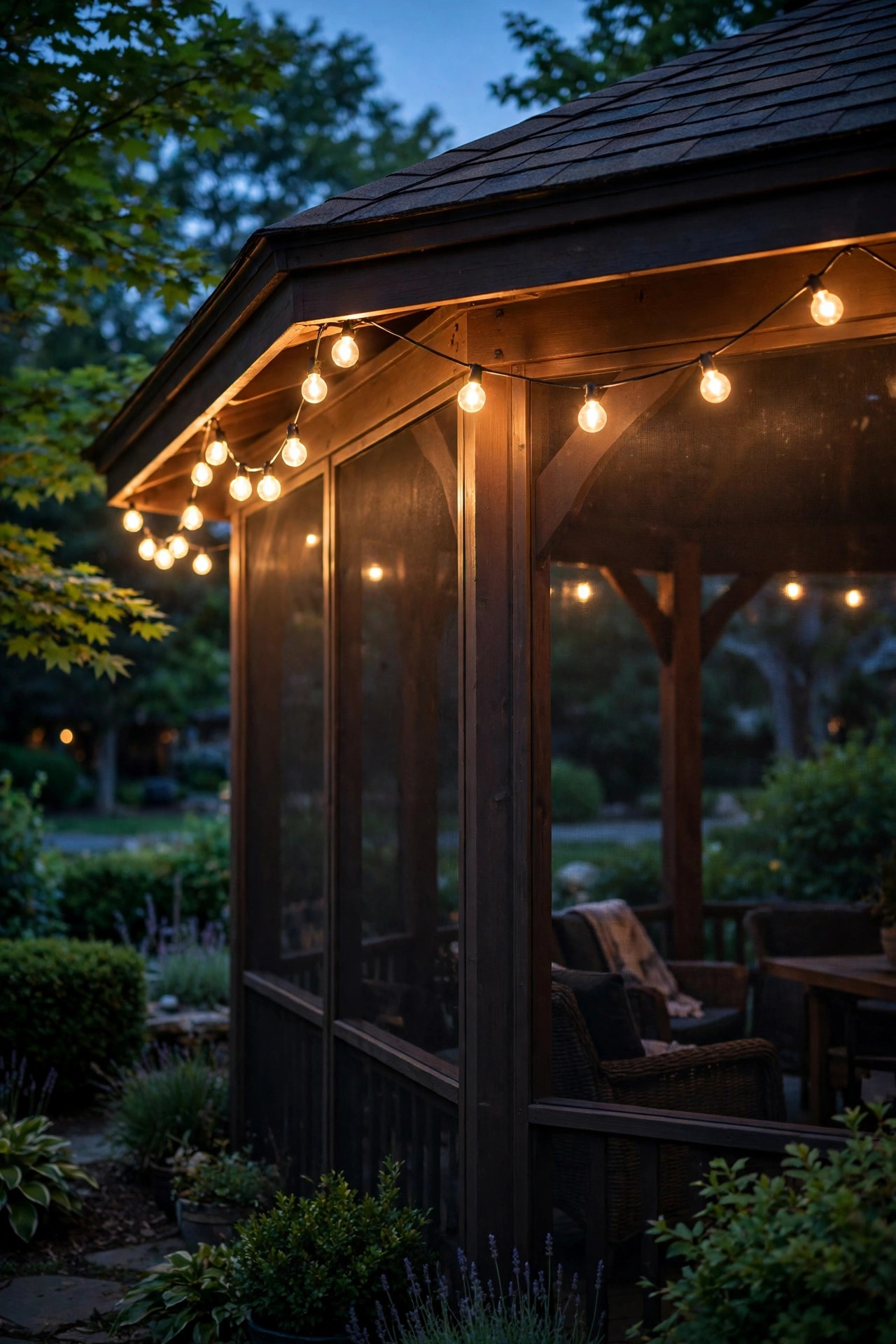 Globe string lights swagged along the outside eaves of a screened gazebo at dusk