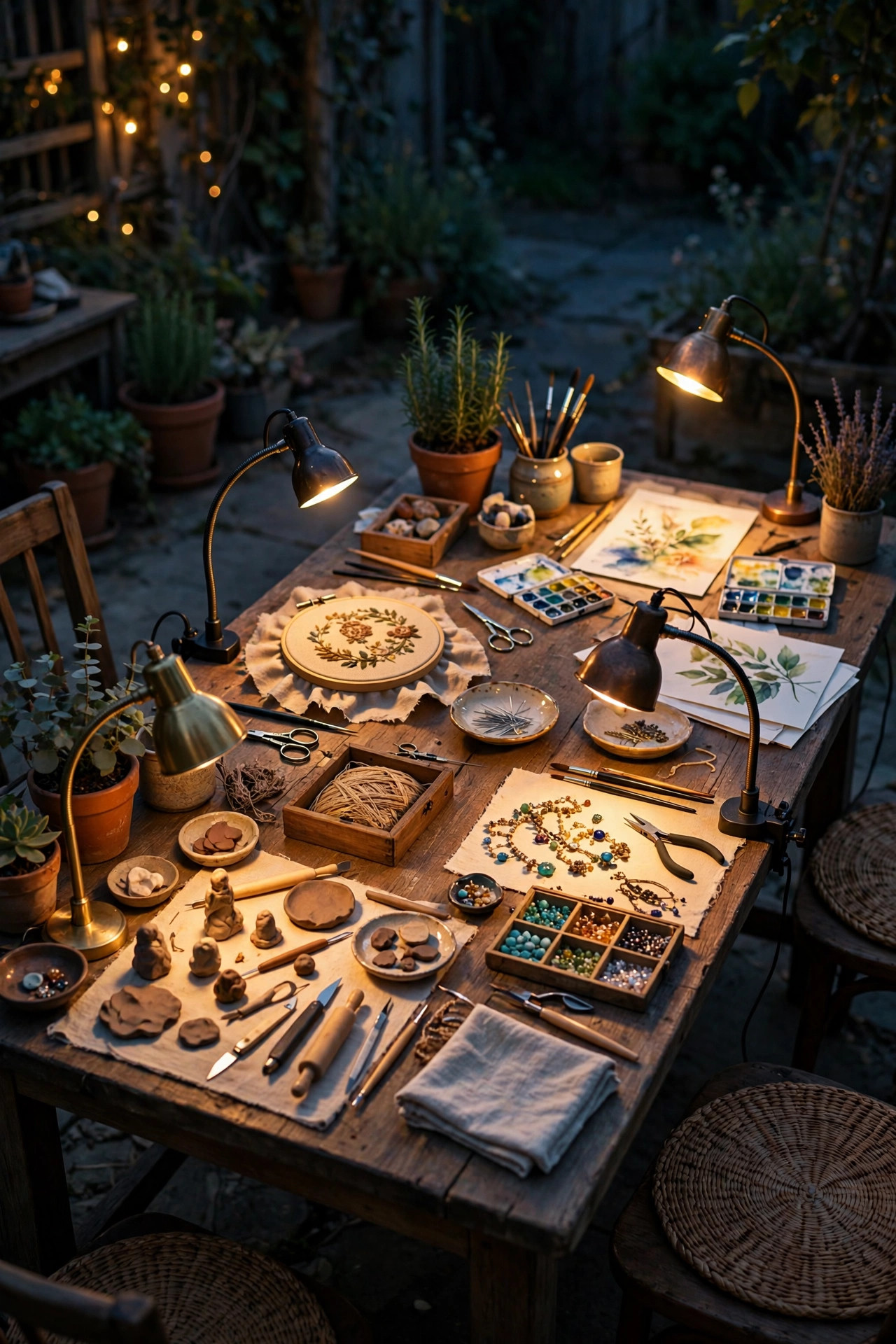 Small adjustable gooseneck lamps at each seat of an outdoor craft table lighting individual projects at night