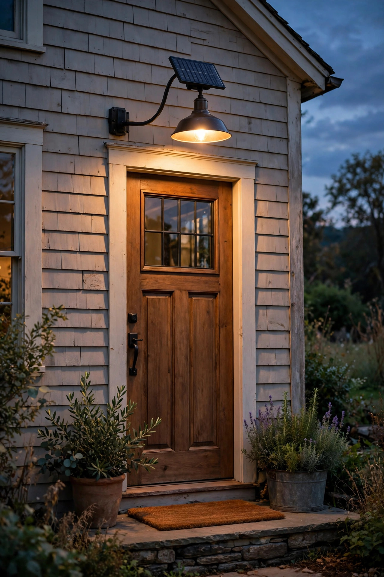 Farmhouse gooseneck solar wall sconce with metal shade glowing over a front door