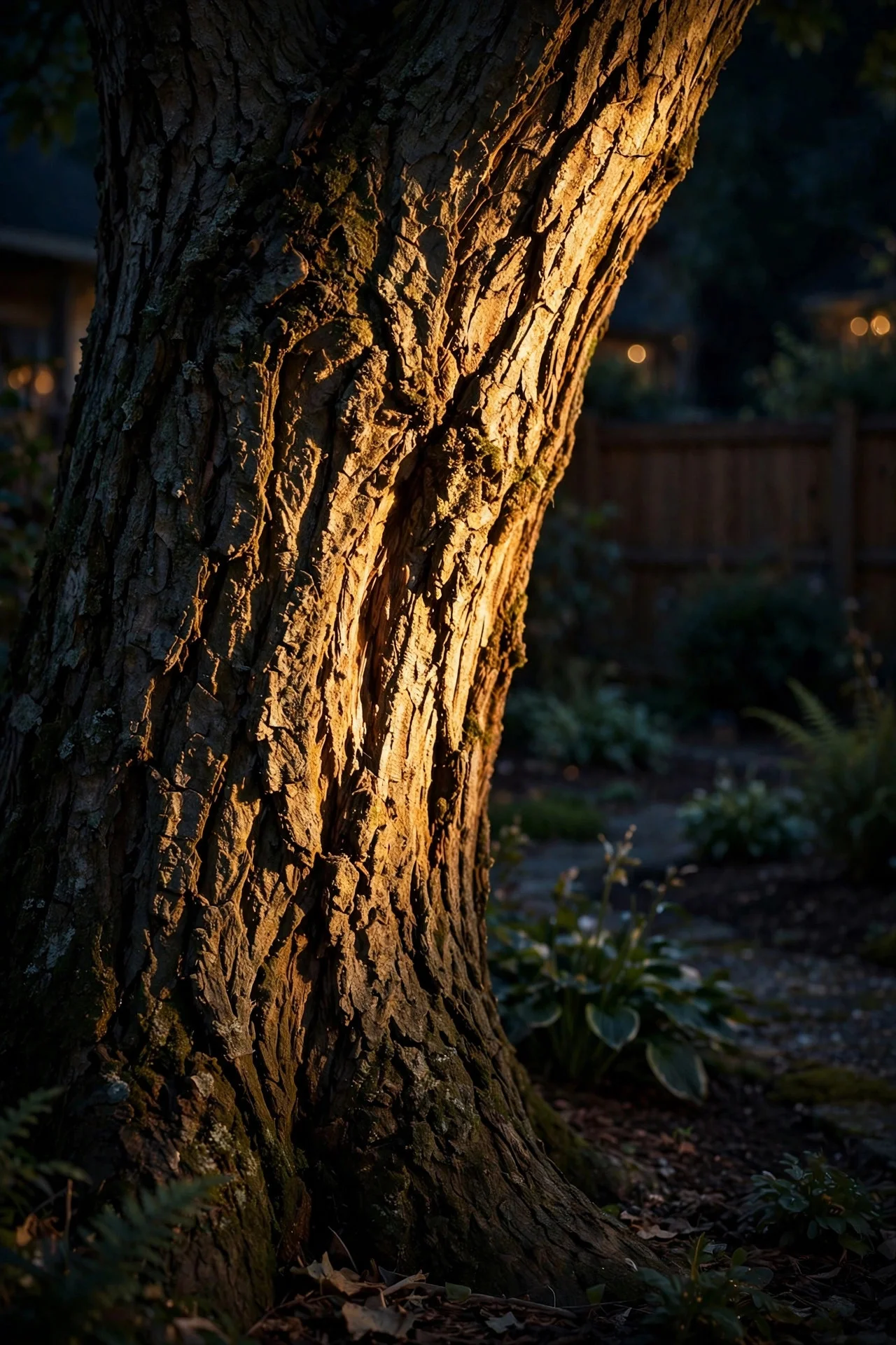 Warm spotlight grazing across deeply furrowed tree bark at night, creating dramatic light and shadow texture