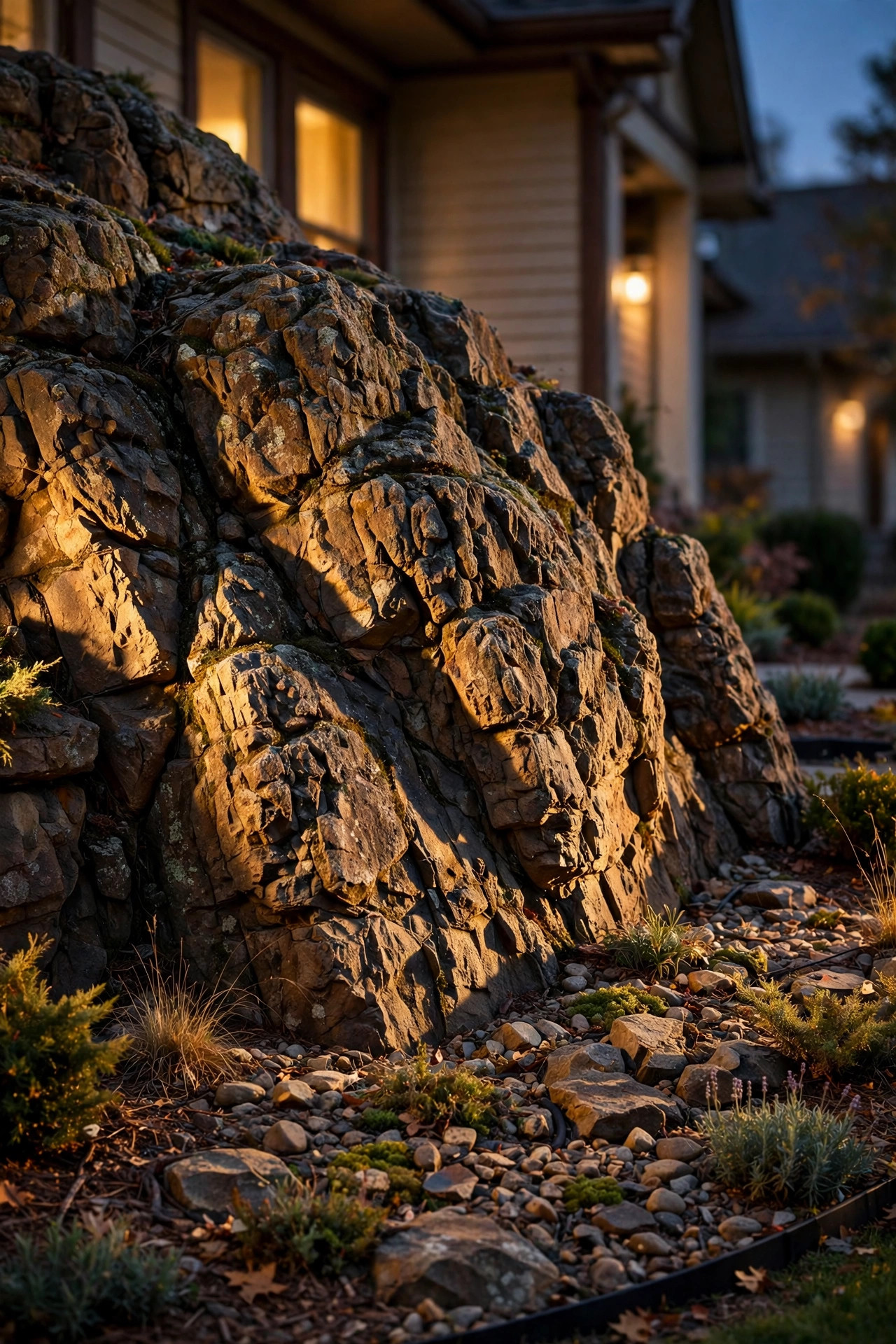 Grazing light skimming across a craggy rock face showing dramatic texture and shadows in a front yard rock bed