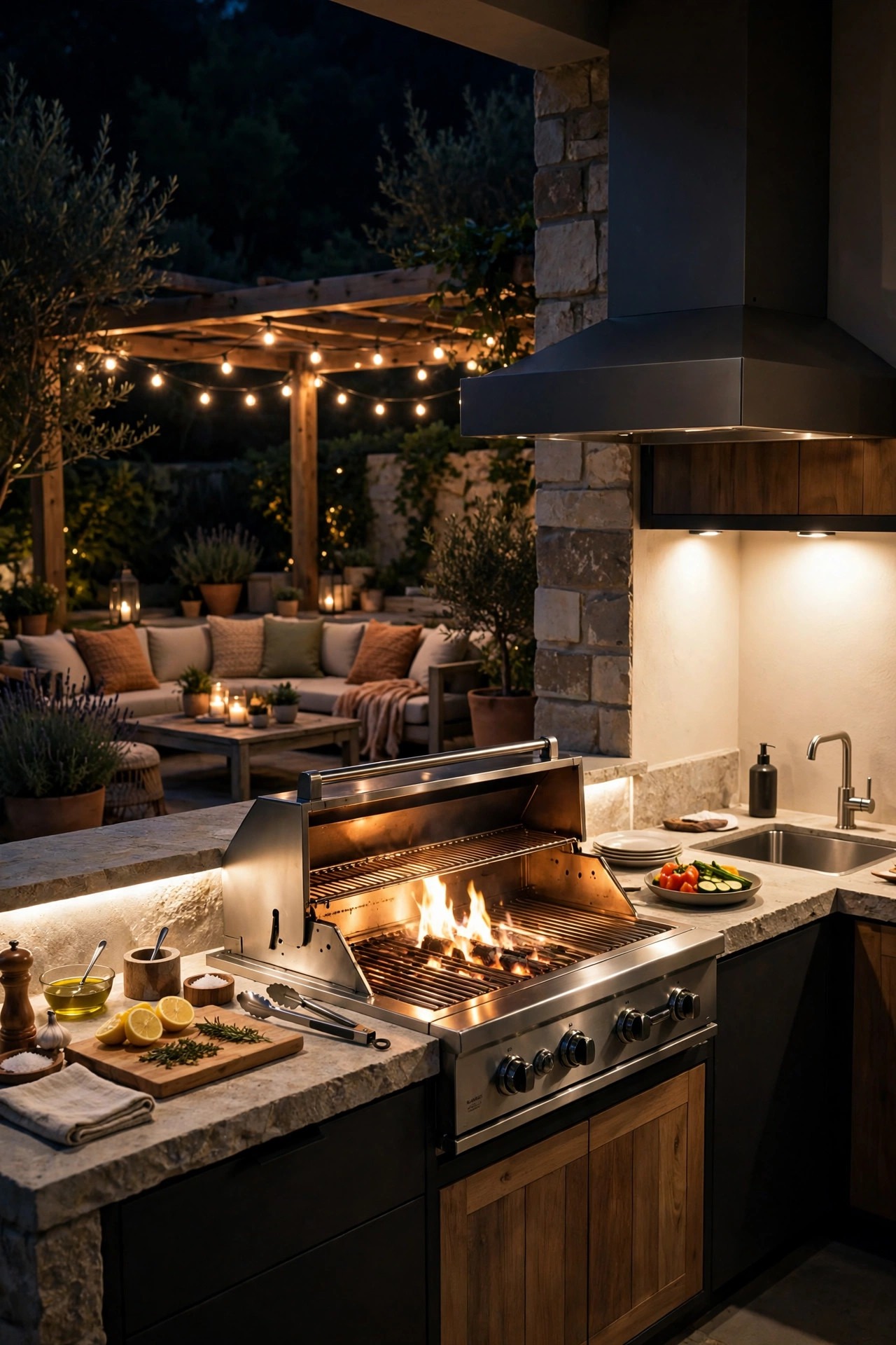 Outdoor kitchen at night lit by a saved scene, grill and counters bright for cooking while string lights glow warm and low over the seating area