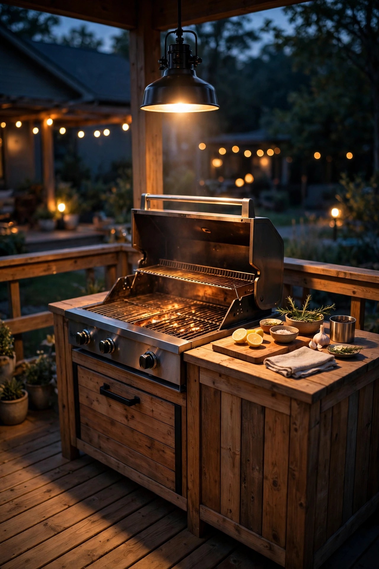 Outdoor grill station on a wooden deck at dusk lit by a focused warm task light, glowing grates and a small prep counter clearly visible, cozy ambient deck lights in the background