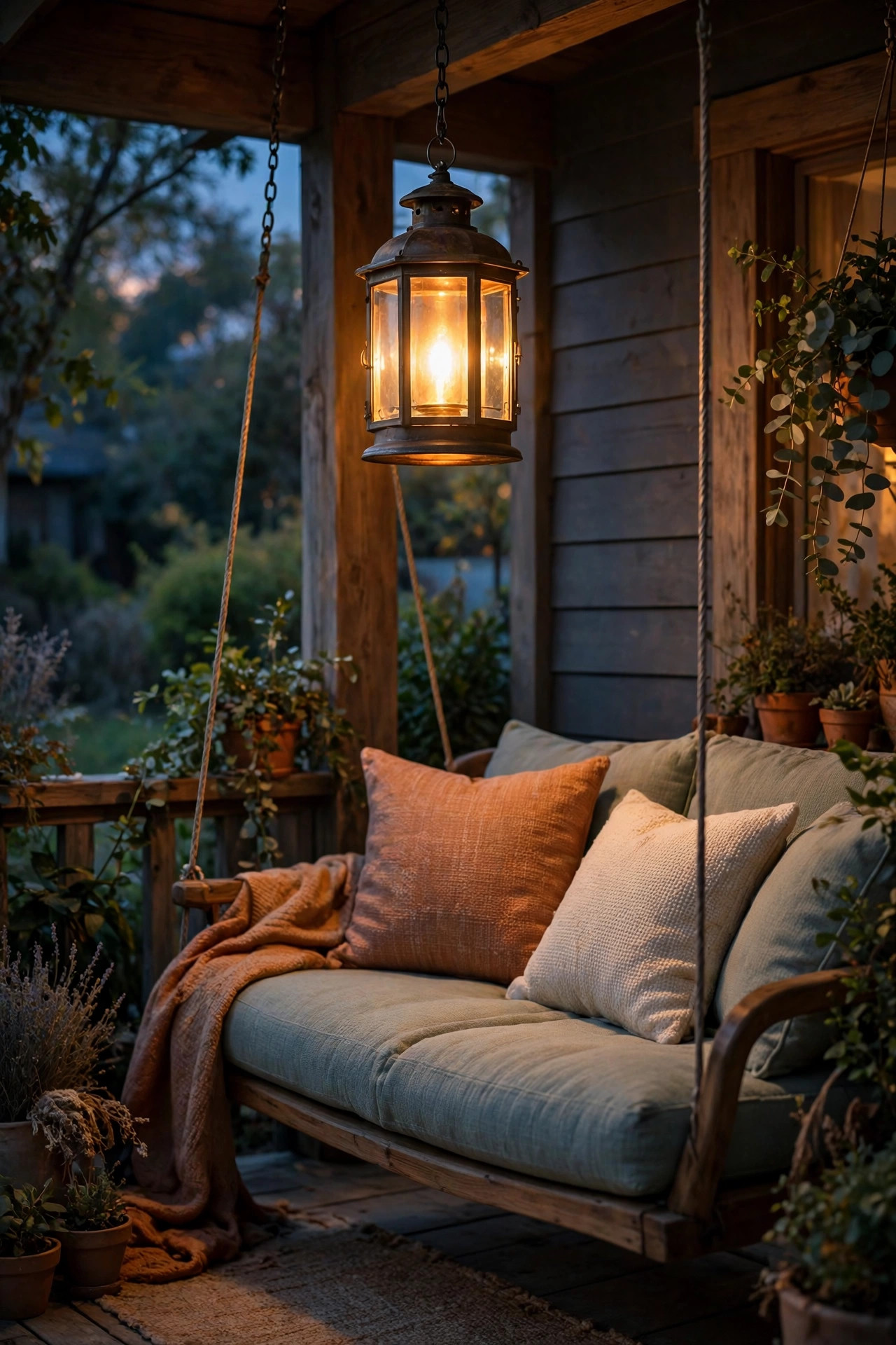 Single hanging lantern glowing warmly above a cushioned porch swing
