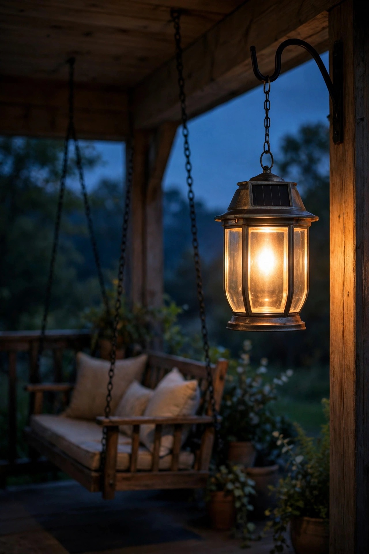 Hanging solar pendant lantern glowing warmly from a hook at the edge of a porch at dusk, porch swing in soft shadow behind it