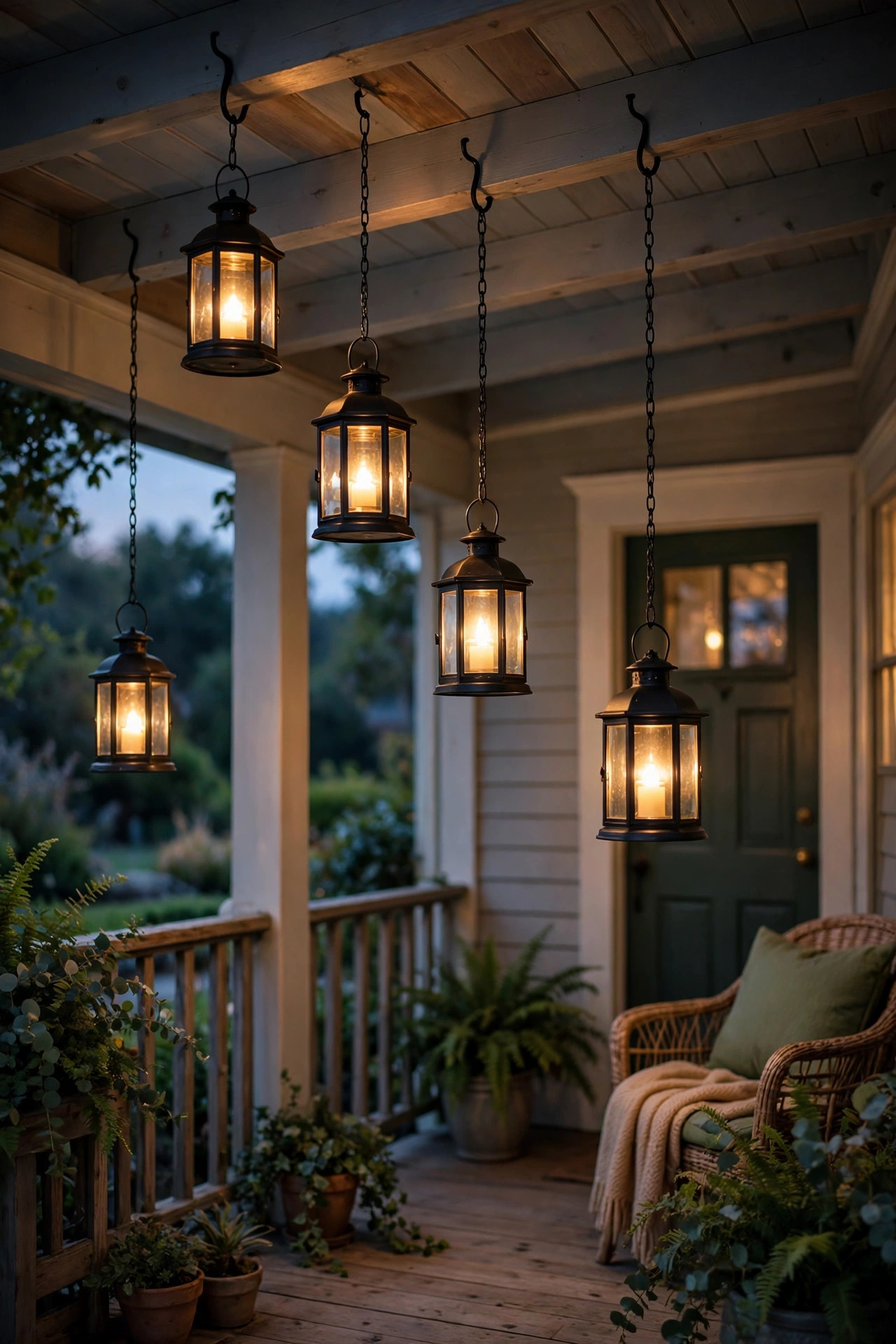 Lanterns hanging at staggered heights from porch ceiling hooks above a cozy front porch
