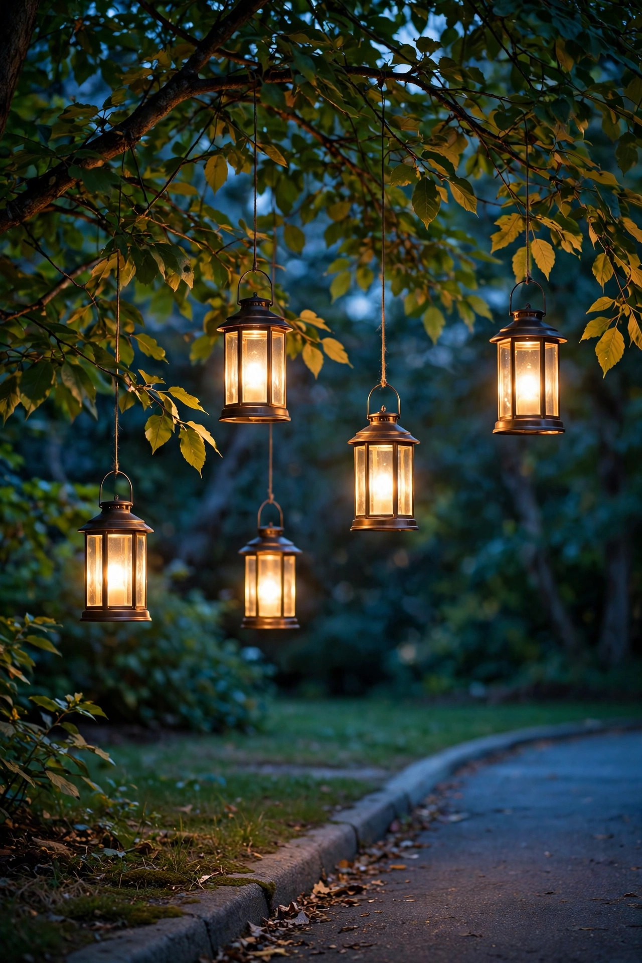 Solar lanterns hanging from tree branches above the edge of a driveway glowing warmly at twilight