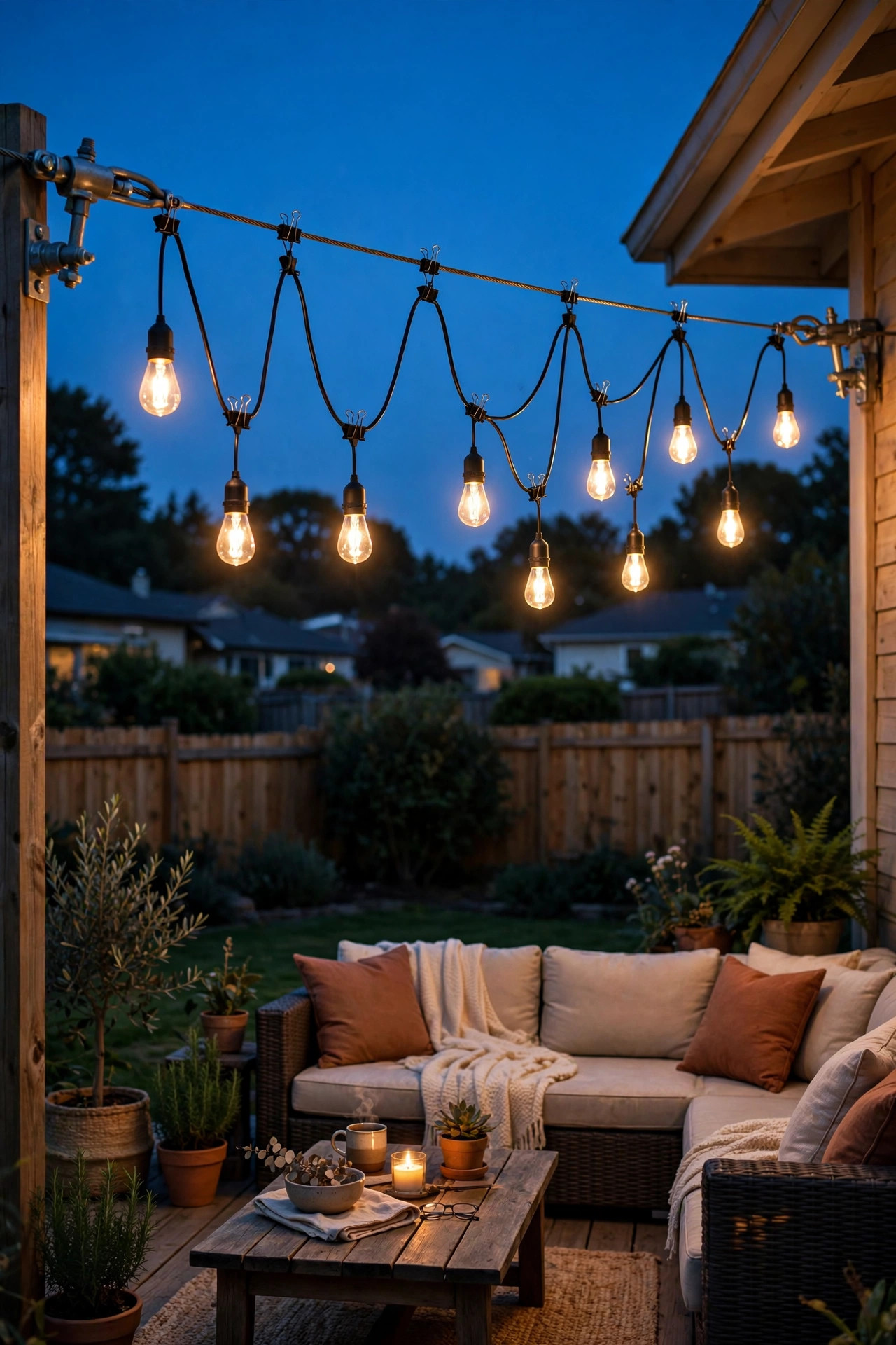String lights swagged on a steel guide wire across a wooden deck patio at dusk