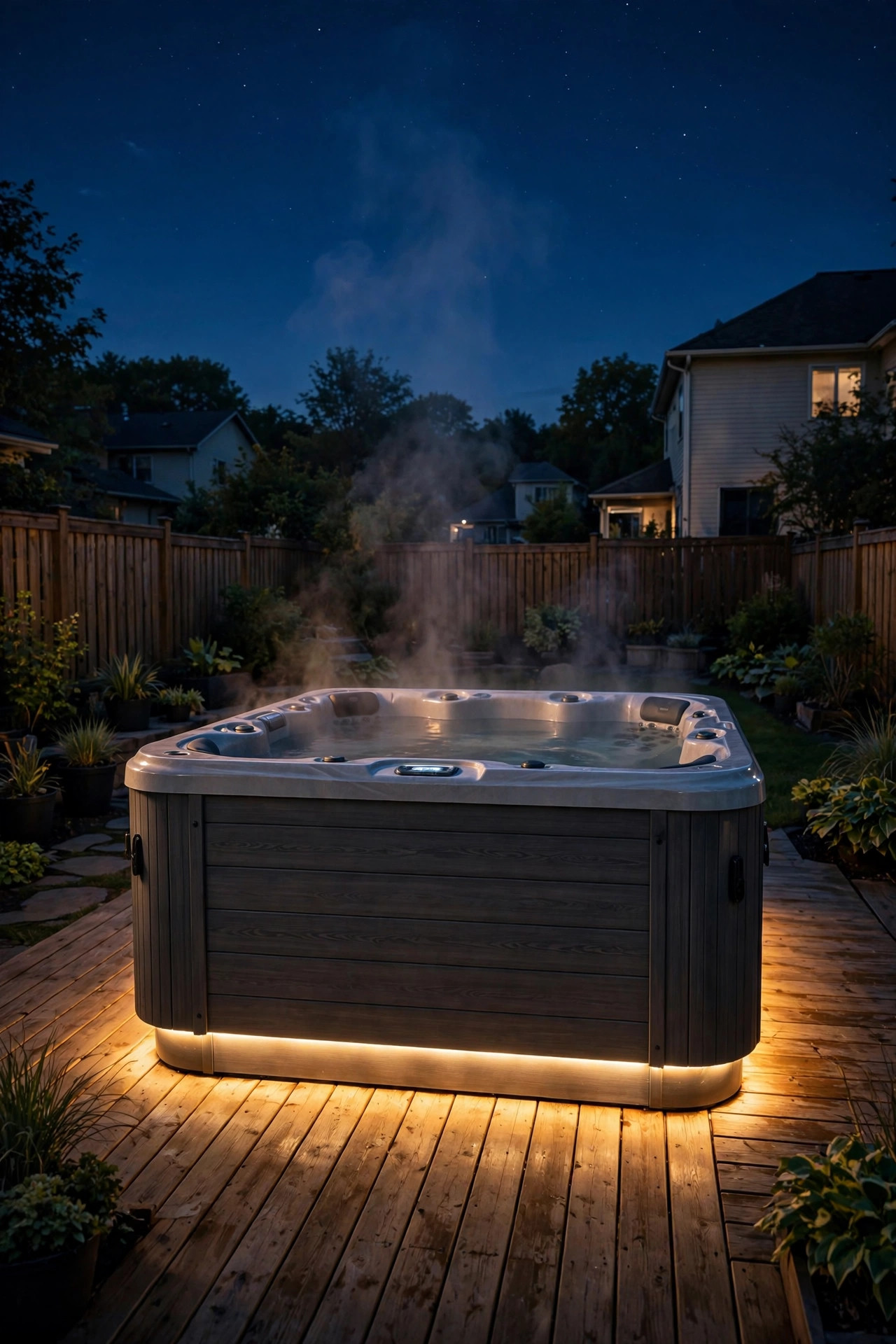 Hot tub on a deck at night outlined with warm rope light glowing around its base